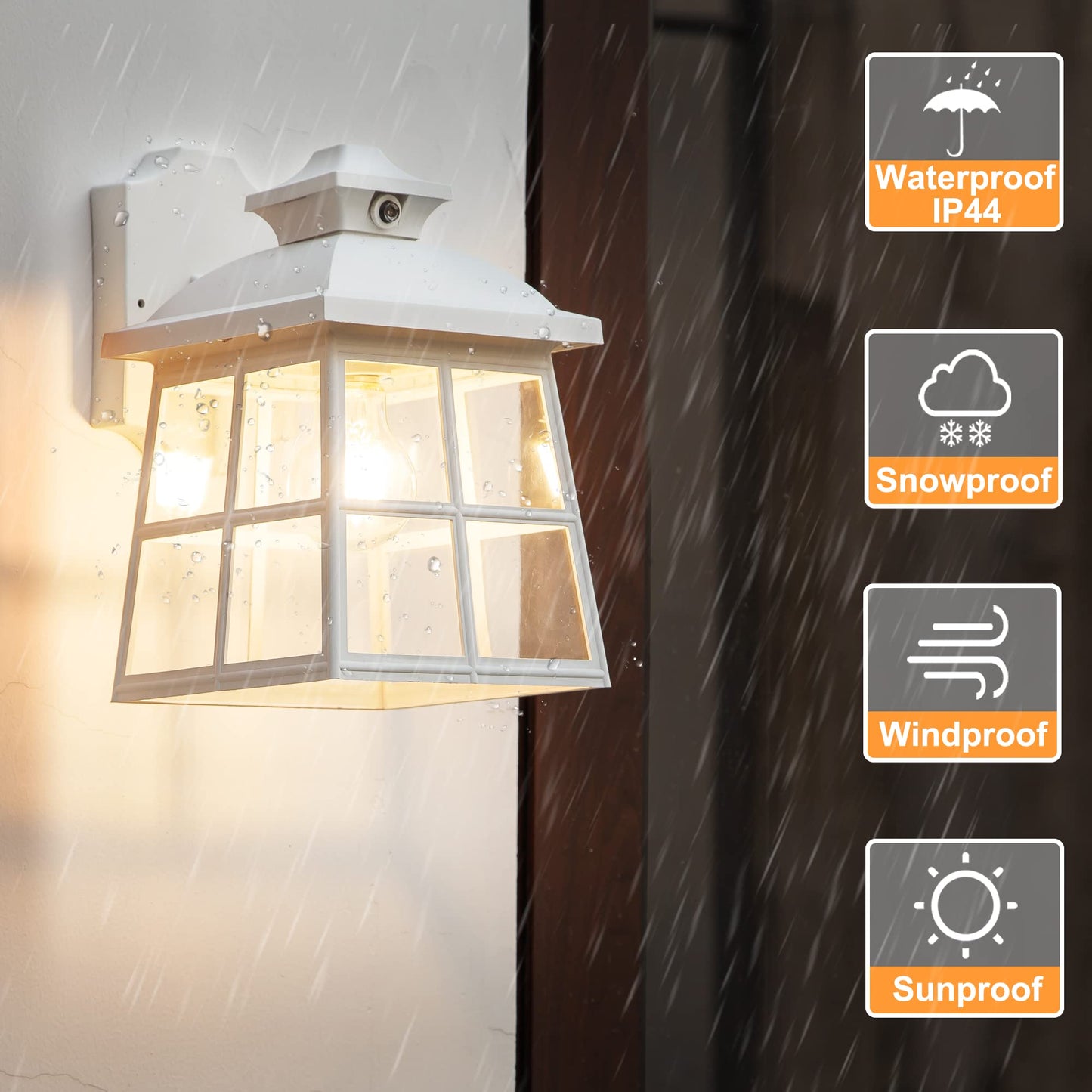 FUDESY Dusk to Dawn LED Outdoor Wall Lantern,White Plastic Photocell Sensor Porch Light with 8W 800LM Edison Filament Bulb,Exterior Wall Mount Light