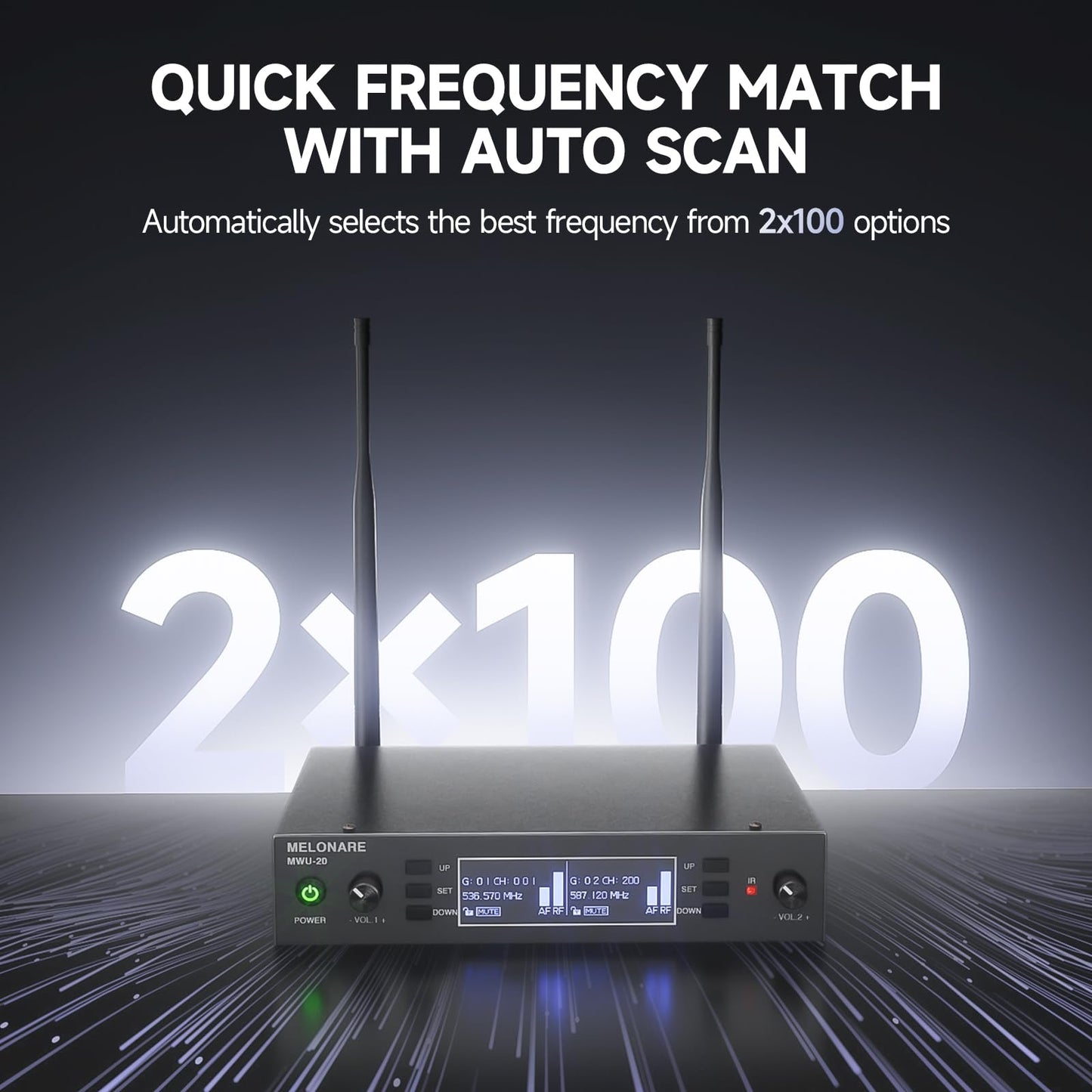 Dual Channel Wireless Microphone System, MELONARE Auto-Scan Professional Cordless Dynamic Mic Set, 260ft Range, 2x100 UHF Metal Wireless Mic for