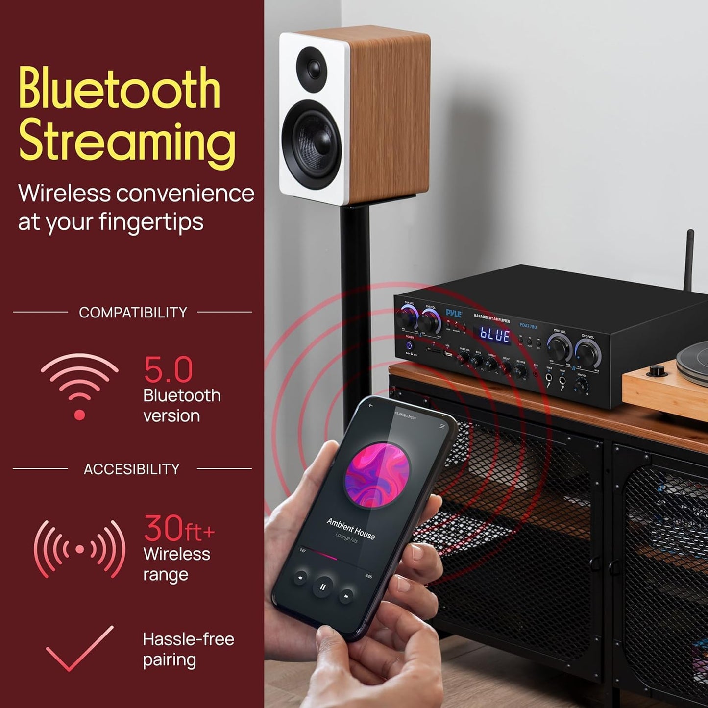Pyle Home Stereo Receiver with Bluetooth - 4 Channel Amplifier, 800 Watt Max, USB-A Input w MP3 Player, Easy Karaoke Setup with Mic Vol, Reverb