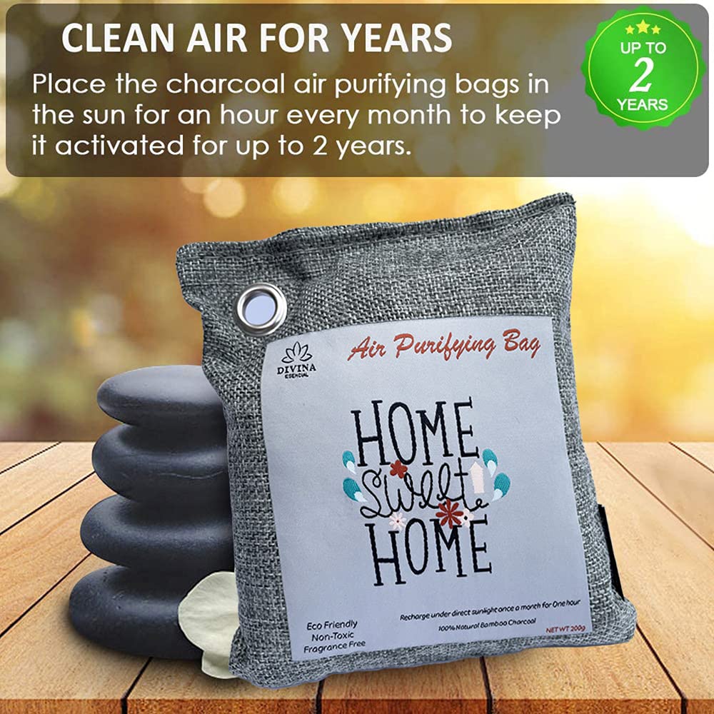 Divina Esencial Bamboo Charcoal Air Purifying (Bag 4X200g), Removes Odors and Moisture, Nature Fresh Air Purifier Bags, Odor Eliminator for Home, Car