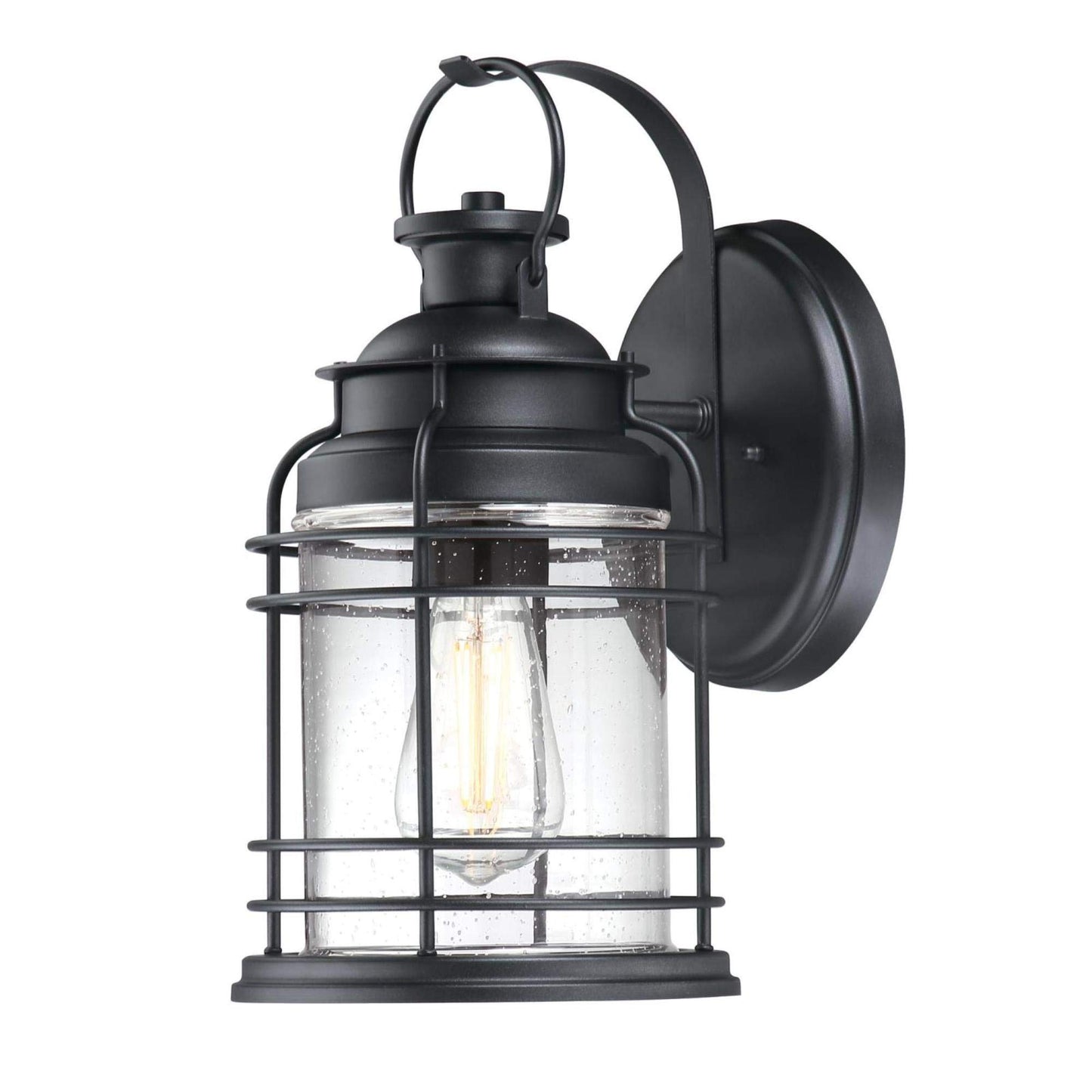 Westinghouse 6112500 Kellen Nautical-Style One-Light Outdoor Wall Light, Textured Black Finish, Clear Seeded Glass