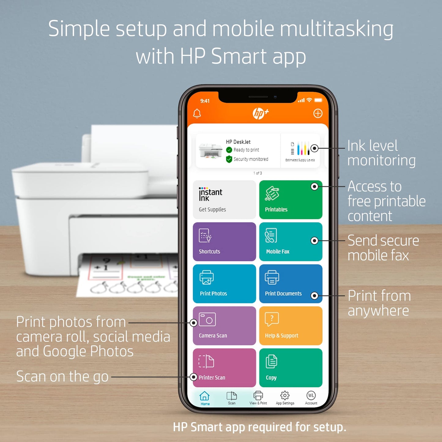 HP DeskJet 4155e Wireless Color Inkjet Printer, Print, scan, copy, Easy setup, Mobile printing, Best-for home, 3 month Instant Ink trial included