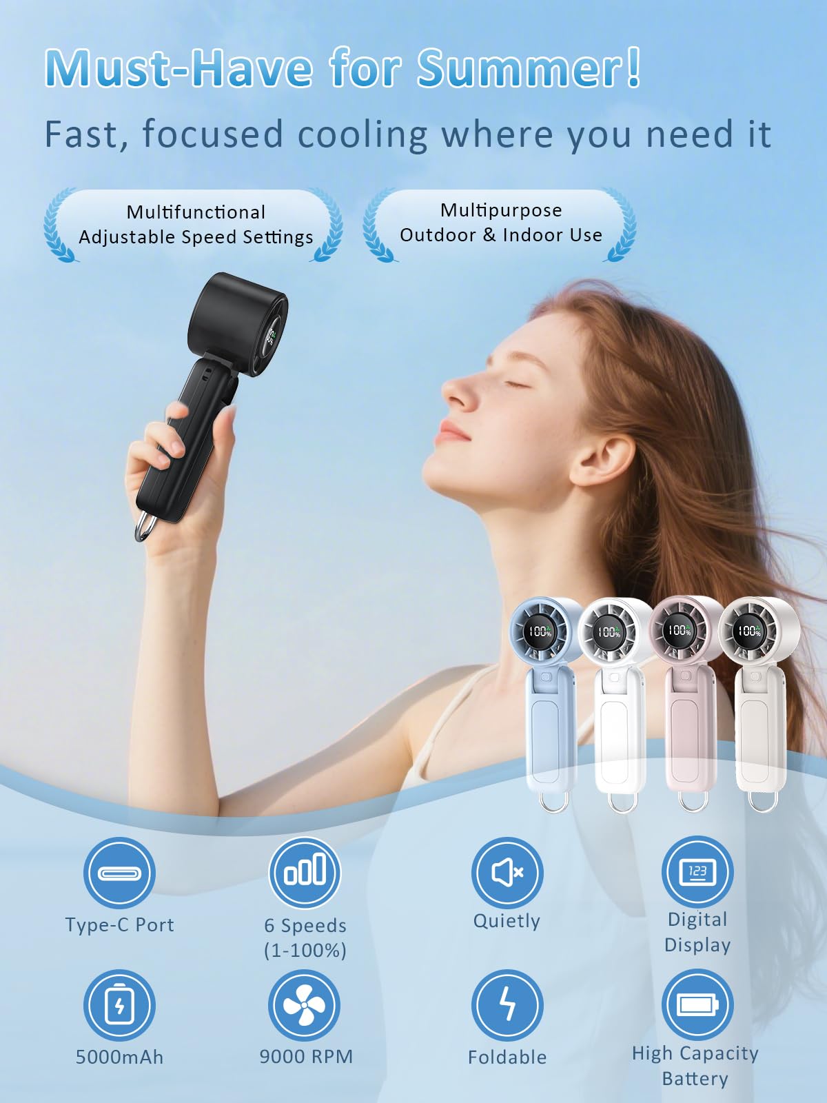 Platstudy Handheld Fan, Portable Fan, 1-100 Speed Adjustable Turbo Fan, 5000mAh Rechargeable Mini Personal Fan with Foldable Design and LED Display