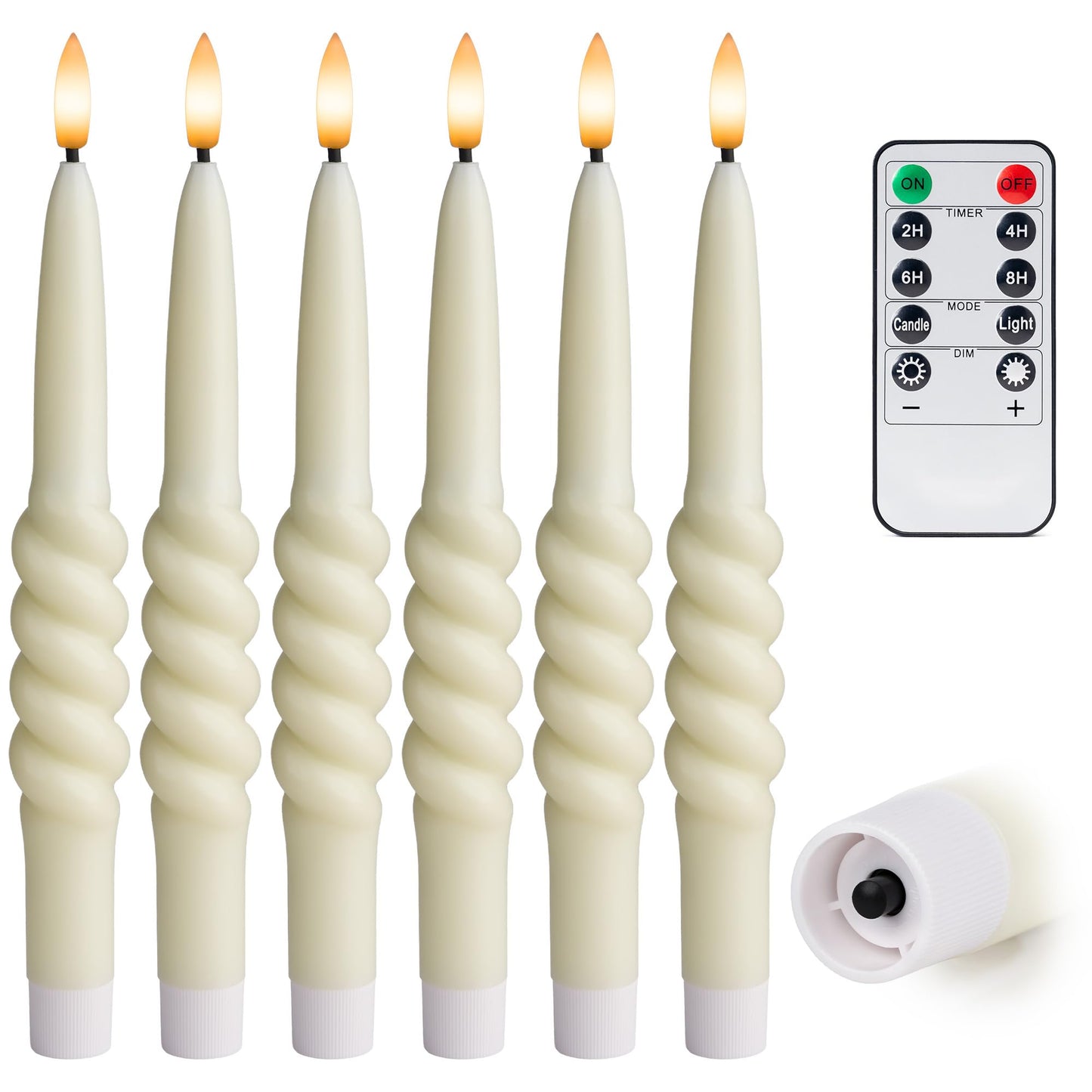 West Ivory Smooth Taper with Twist Flameless LED Taper Candles 10" - Ivory, Set of 6 - Remote, Dimmable, 2/4/6/8-Hr Timer (24-Hr Memory), Bottom