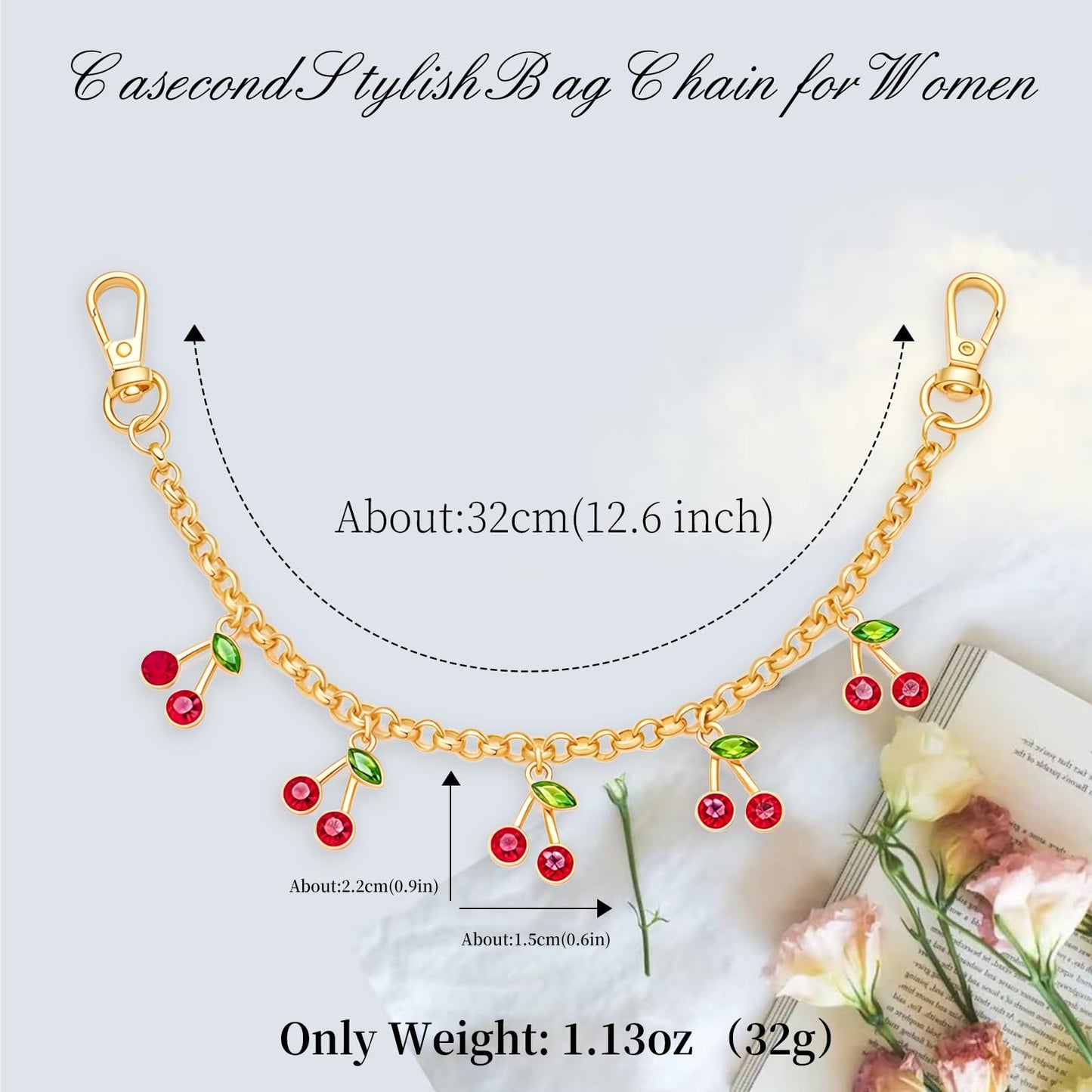 Bag Charms Handbags Cherry Gold Keychain Phone Charm Purse Wrist Strap Short Car Key Chain Handbag Metal Handle Extender Decorative Bags Chains