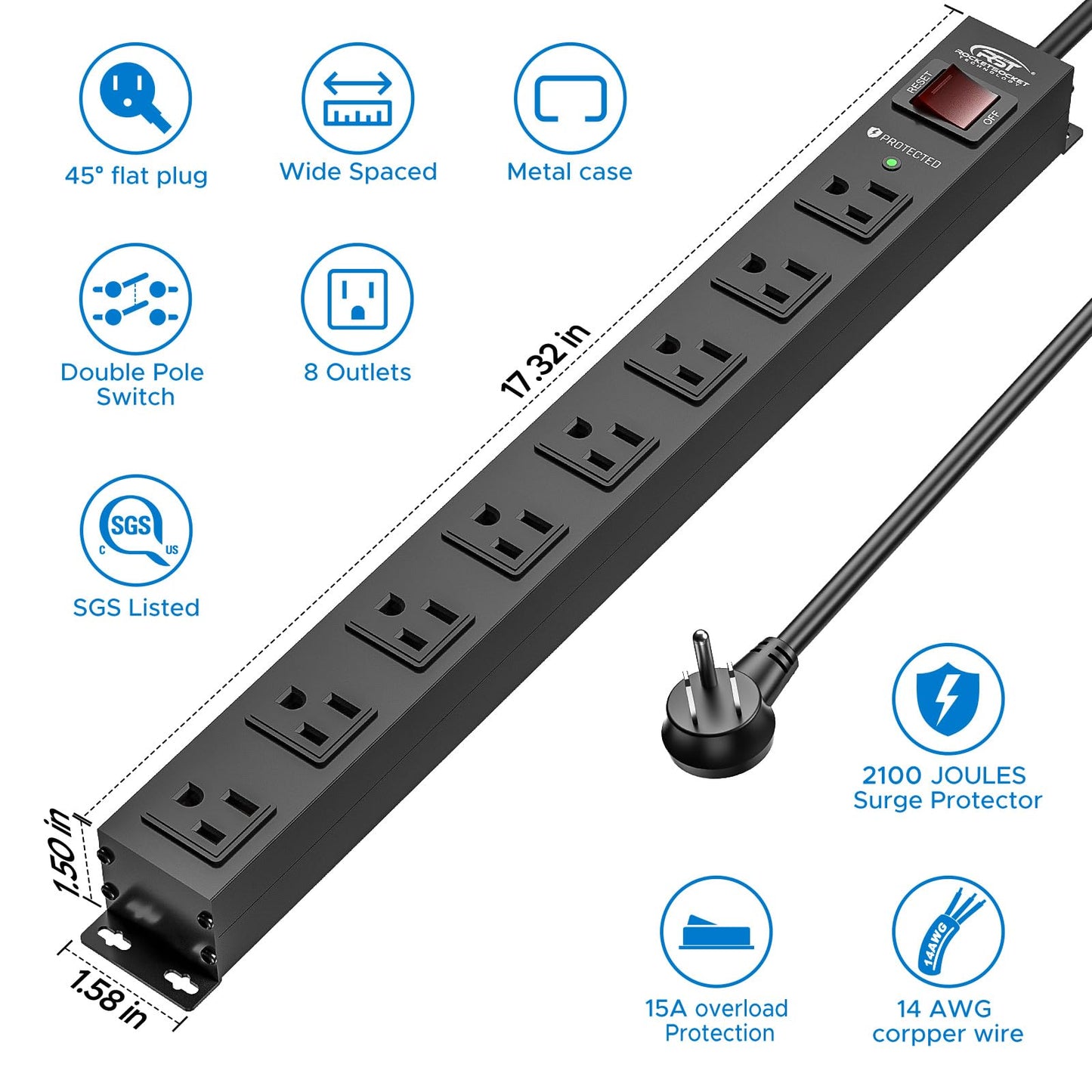 CRST 8 Outlet Metal Heavy Duty Power Strip, 2100J Surge Protector with 6FT Cord, 15A/1875W Wide Spaced Mountable Industrial Power Strip