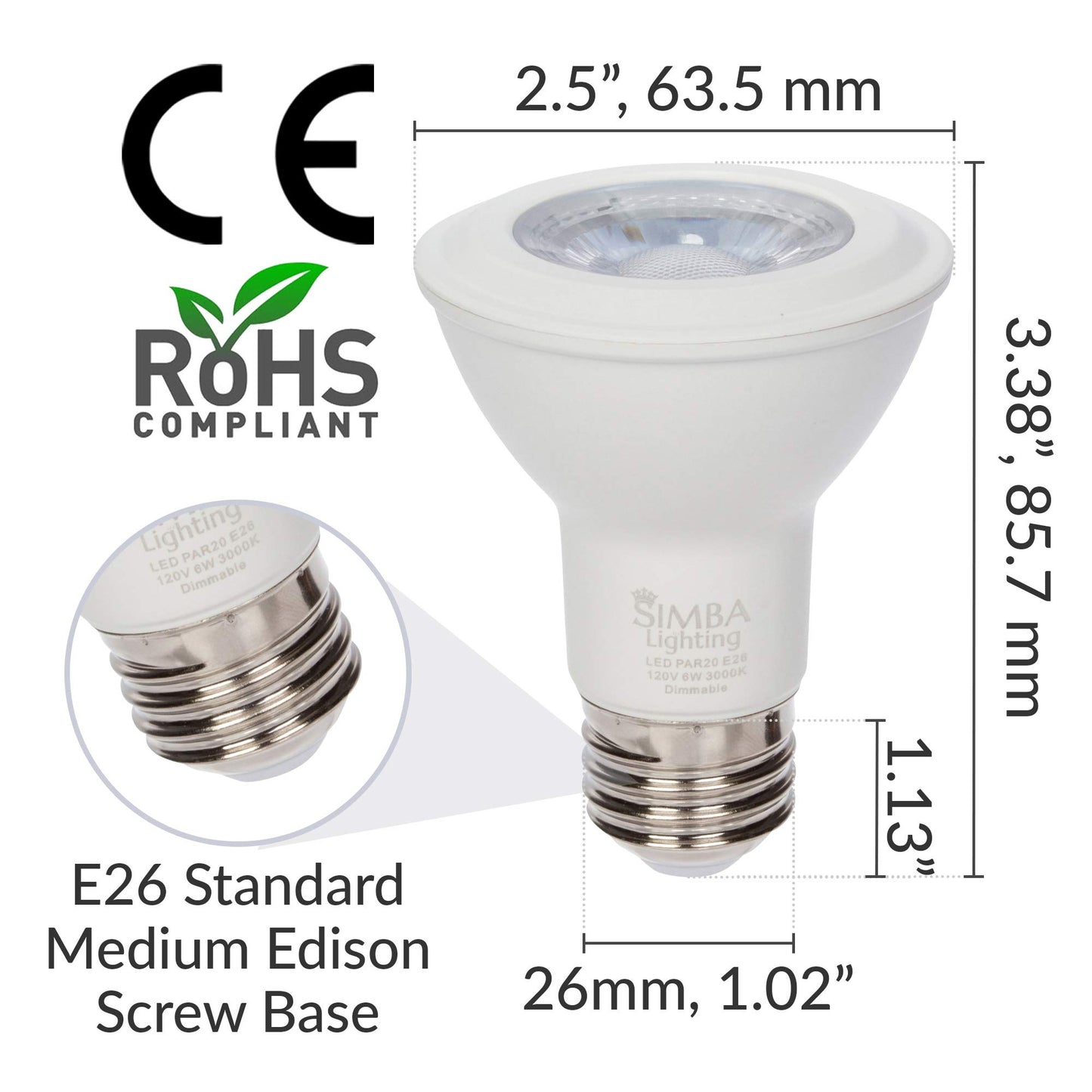 Simba Lighting LED PAR20 Light Bulb 6W 120V, E26 Base, 3000K, 4 Pack