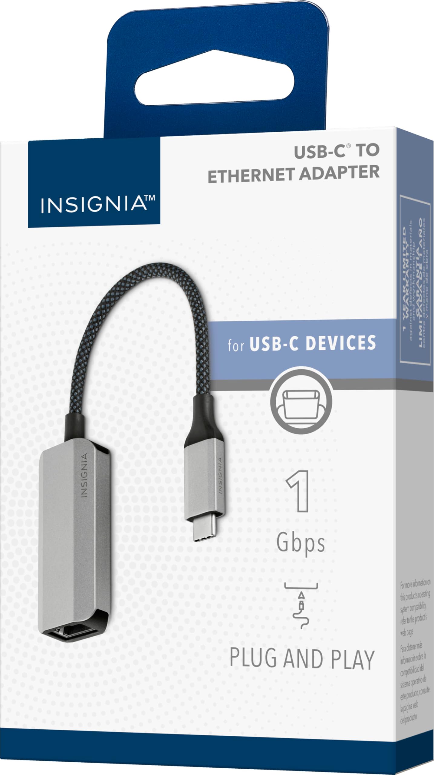 Insignia USB-C to Ethernet Adapter, Plug-and-Play Supports up to 1 Gbps High-Speed, Silver Black