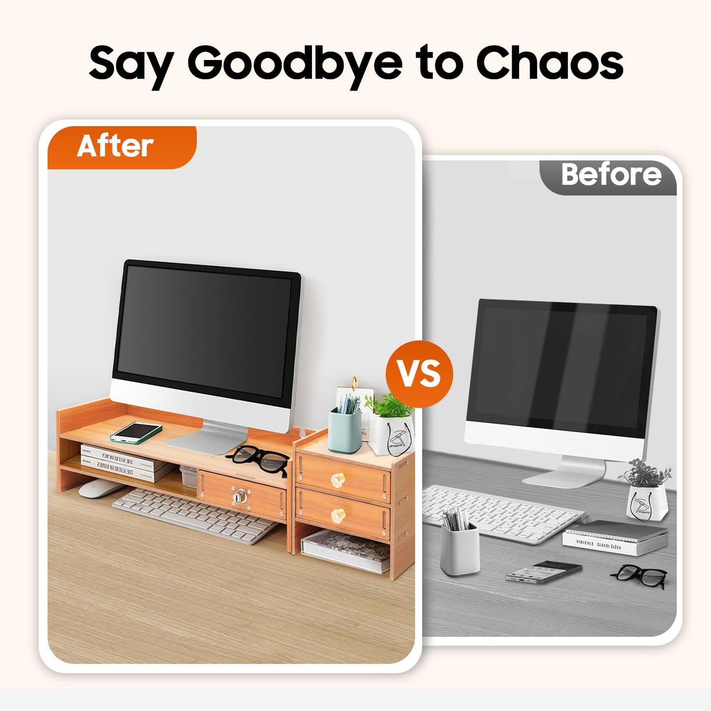 Wawuwao Computer Monitor Stand with Drawers, 18.9 Inch Wood Monitor Stand, Computer Rack with Lockable Drawer & Phone Holder for Office Home