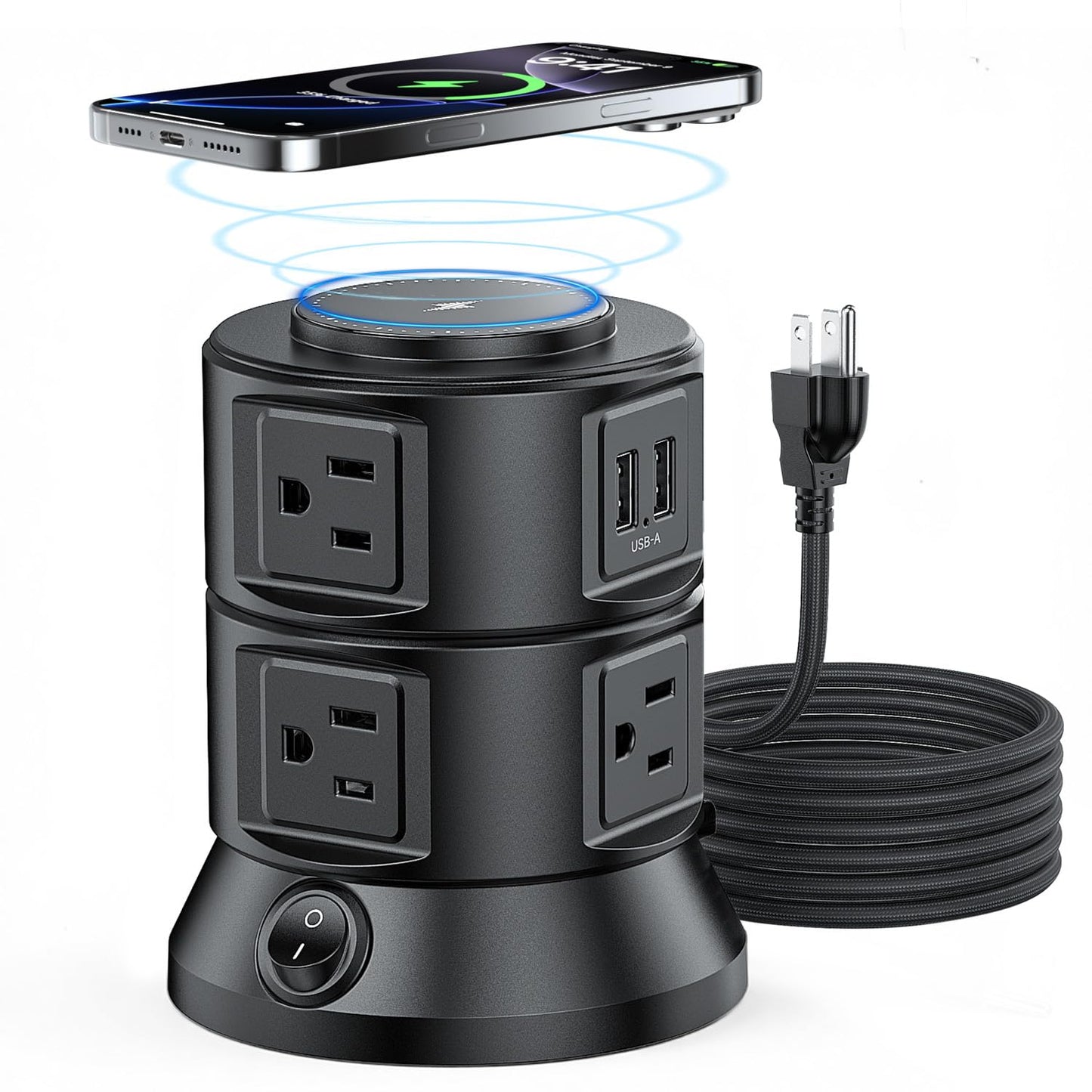 Power Strip Tower 1875W 15A with 15W Magnetic Wireless Charger, Dual-Layer Rotatable Design, 540 Joules Surge Protector Tower with 6 AC Outlets and 4