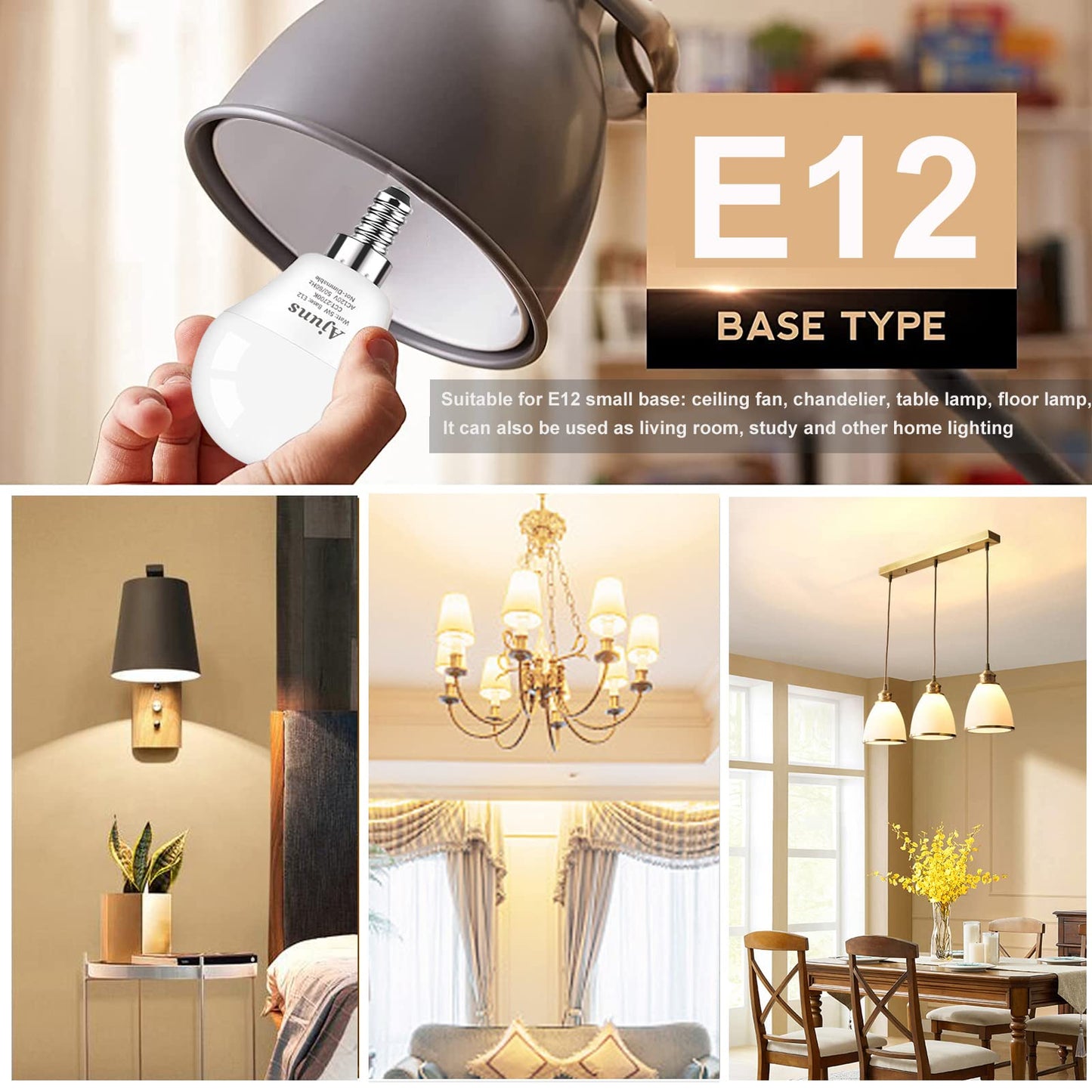 Ajuns 5Watt (40W Equivalent) LED Bulbs, E12 Small Base Ceiling Fan Light Bulbs,450 Lumen,Warm White 2700K, 120V A15 LED Bulb Globe Shape,Non Dimmable