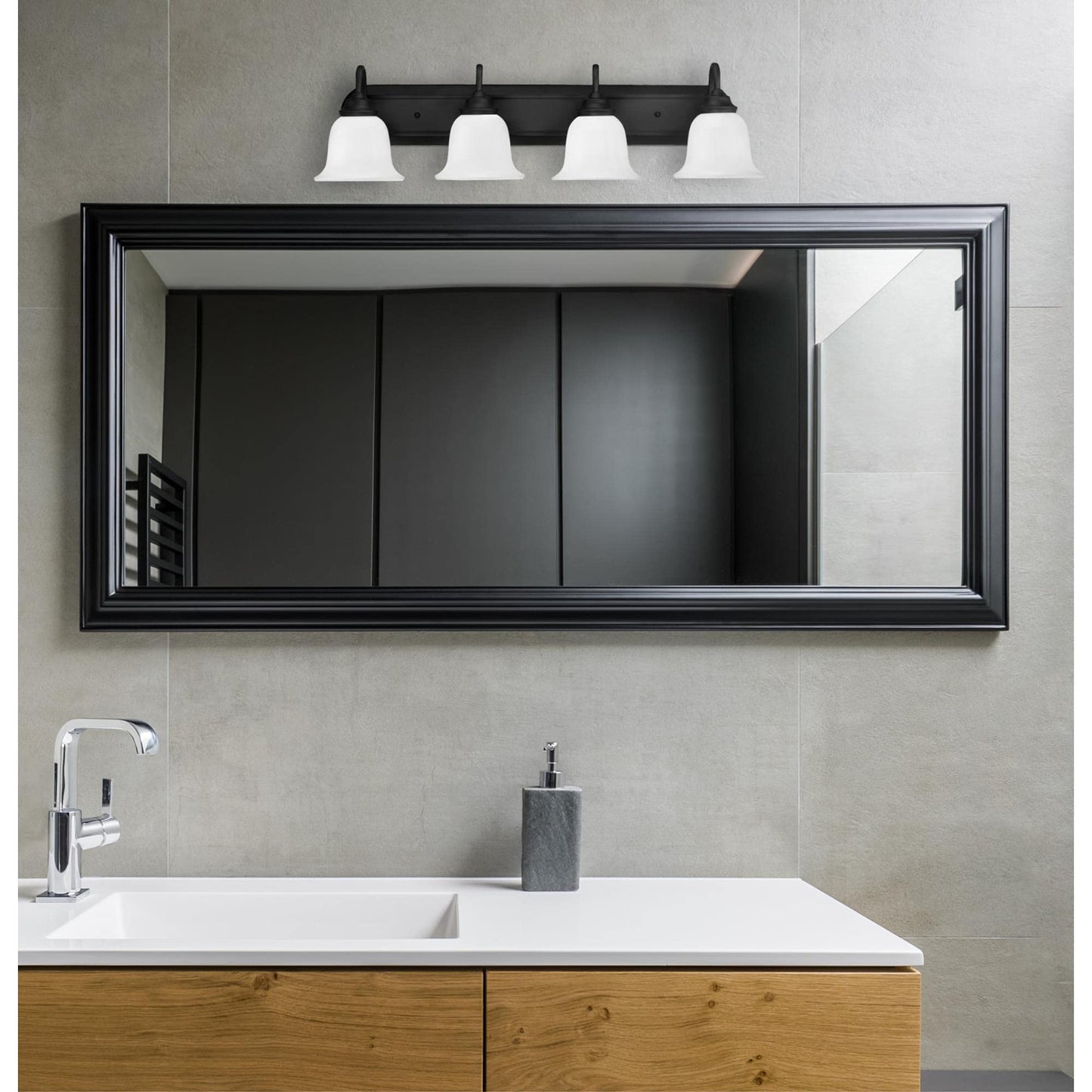 Westinghouse 6117100 Harwell Traditional Four-Light Indoor Vanity Light Fixture, Matte Black Finish, White Opal Glass