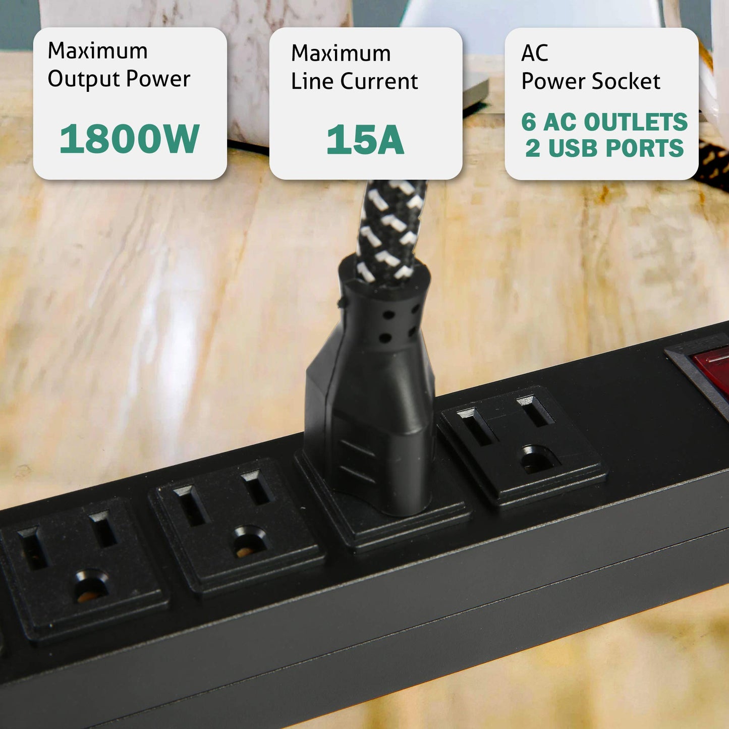 LONABR 2 Pack Long Power Strip, 6 Metal Power Outlets 2 USB Ports, 6 ft Long Extension Cord, Wall Mountable with Hook & Loop, Black (6 Outlets + 2