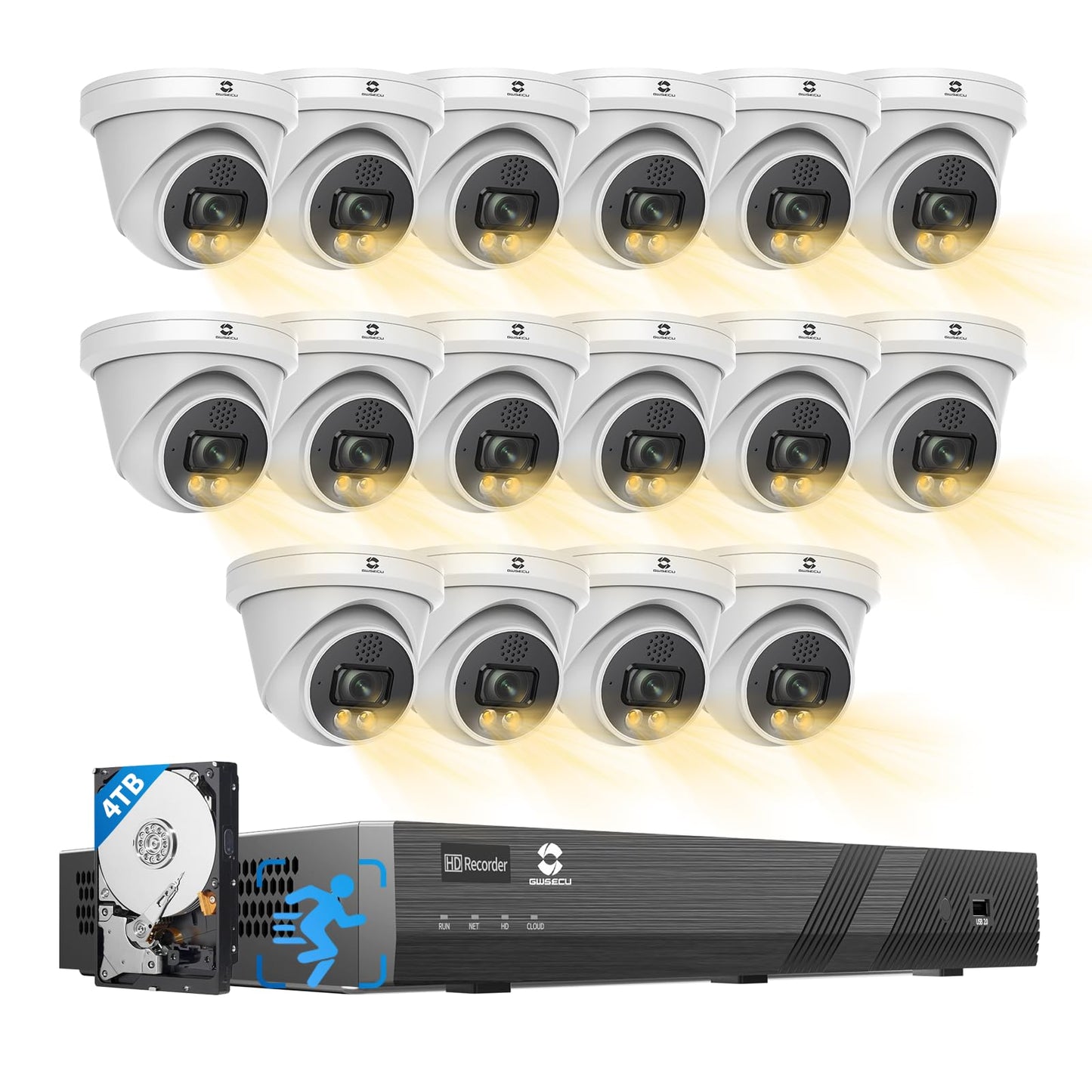 GWSECU 5MP Security Camera System 16 Channel, 16x 5MP Wired IP PoE Dome Camera, Smart Dual Light Color Night Vision, AI Human Detection, 2-Way Talk