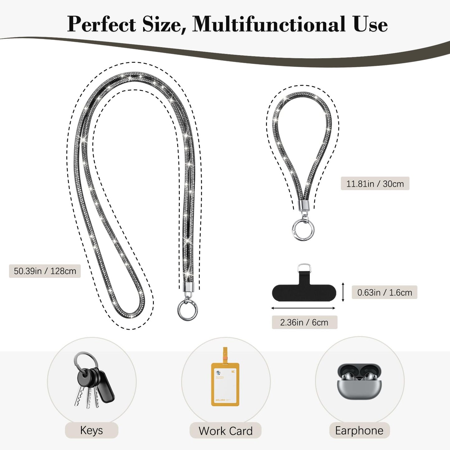 TiMOVO Universal Phone Lanyard Crossbody, Rhinestone Cell Phone Chain Anti-Theft with 1× Shiny Phone Strap, 1× Wrist Strap, 2× Pads for Most