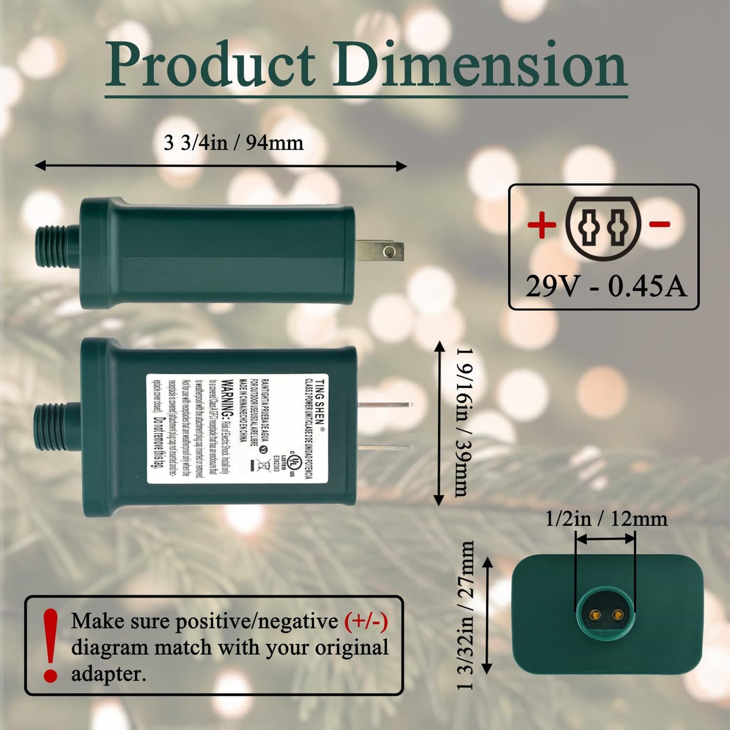 Power Supply TS-13W29V Class 2 Transformer 29V 0.45A 13W Raintight IP44 US Plug Connector 1/2in 12mm Adapter Replacement for LED String Light, Holiday