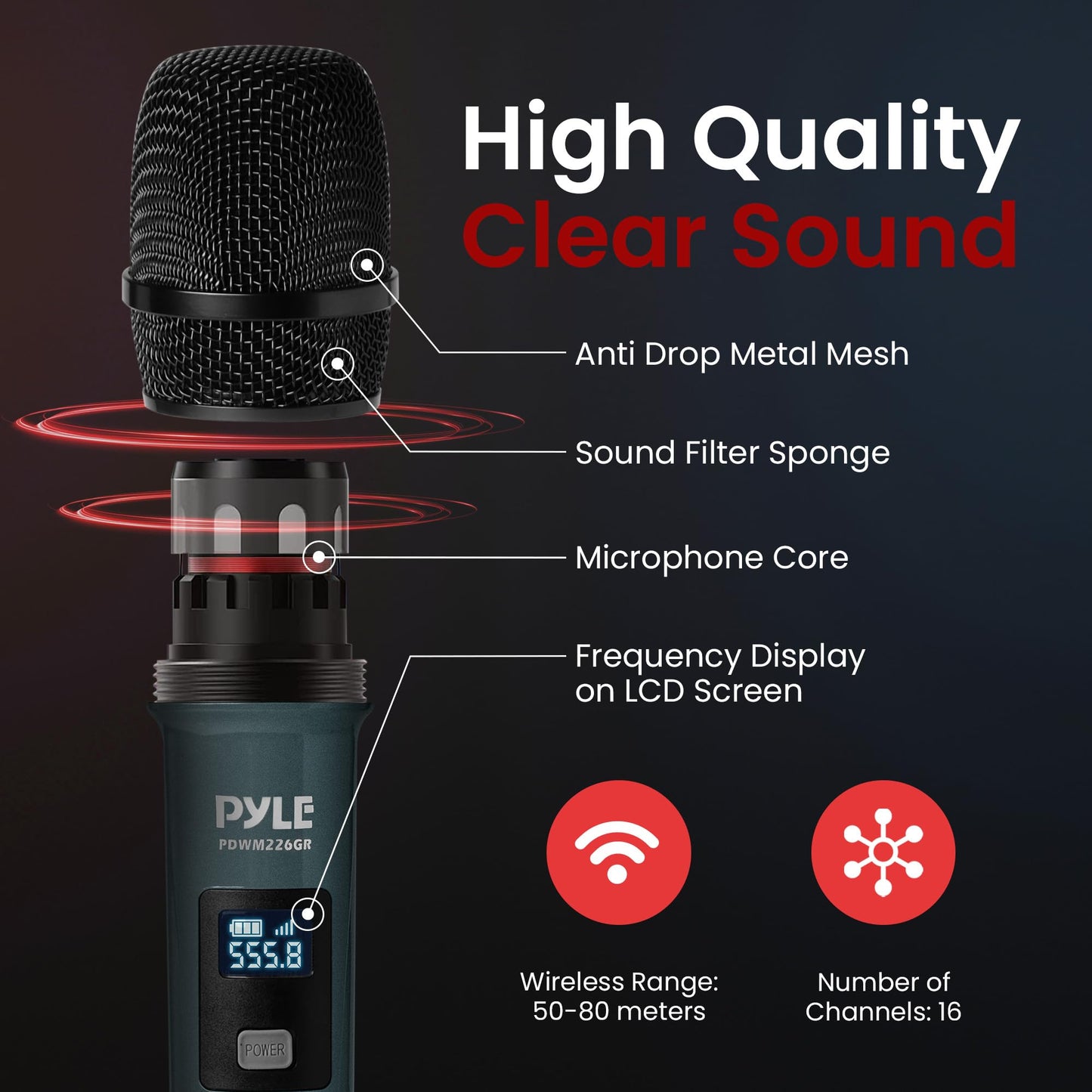 Pyle Portable UHF Band Receiver System, 4 Channel Wireless Microphone System Independent Channel Controls, RF Signal LCD Indicator, Digital Audio