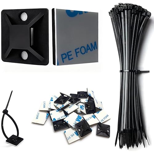 Strong Back-Glue Self Adhesive Cable Zip Tie Mounts Kit - 100 Set Cable Management Clips with 6" Zip Ties, Wire Holders - Outdoor Sticky Wire