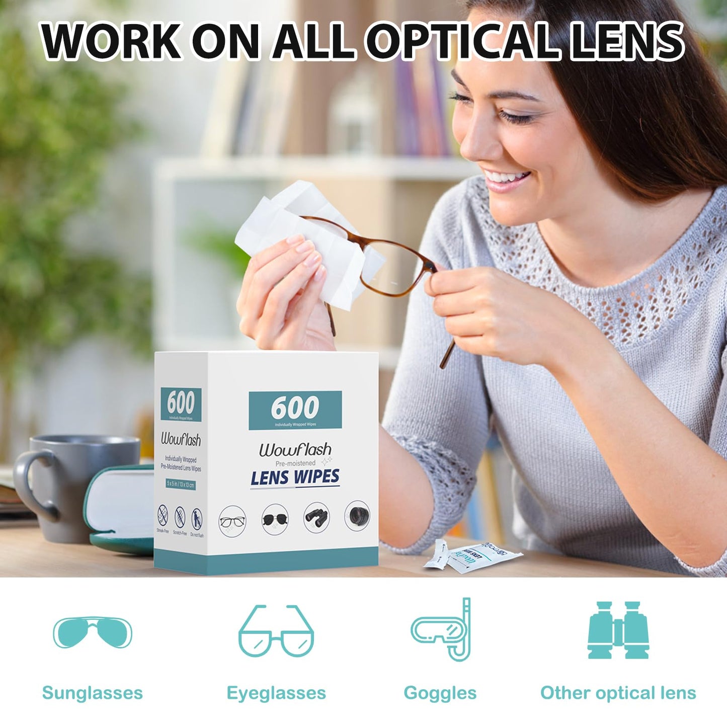 600 Count Lens Wipes for Eyeglasses, Eyeglass Lens Cleaning Wipes Pre-moistened Individually Wrapped Sracth-Free Streak-Free Eye Glasses Cleaner Wipes