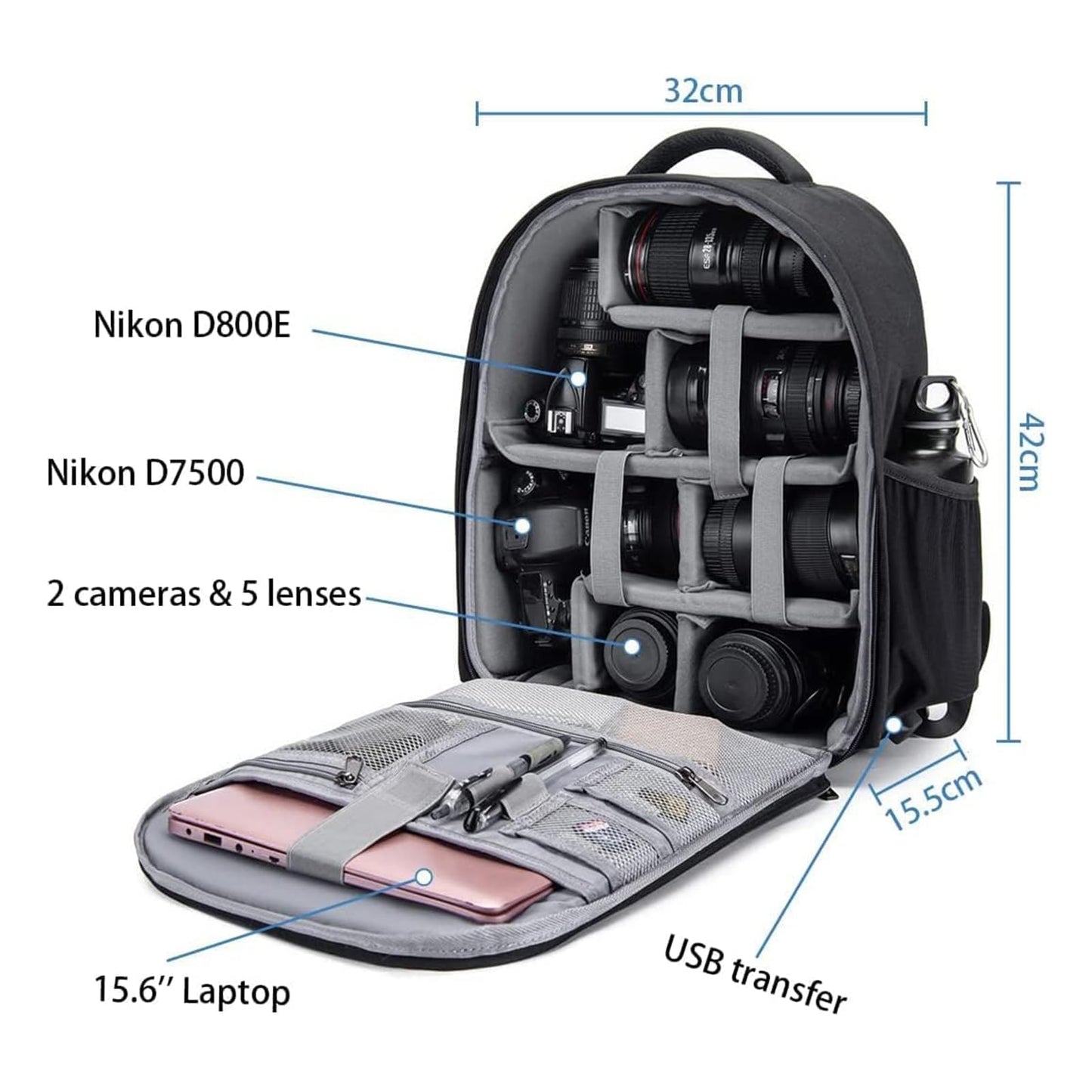 CADeN Camera Backpack Professional DSLR Bag with USB Charging Port Rain Cover, Photography Laptop Backpack for Women Men