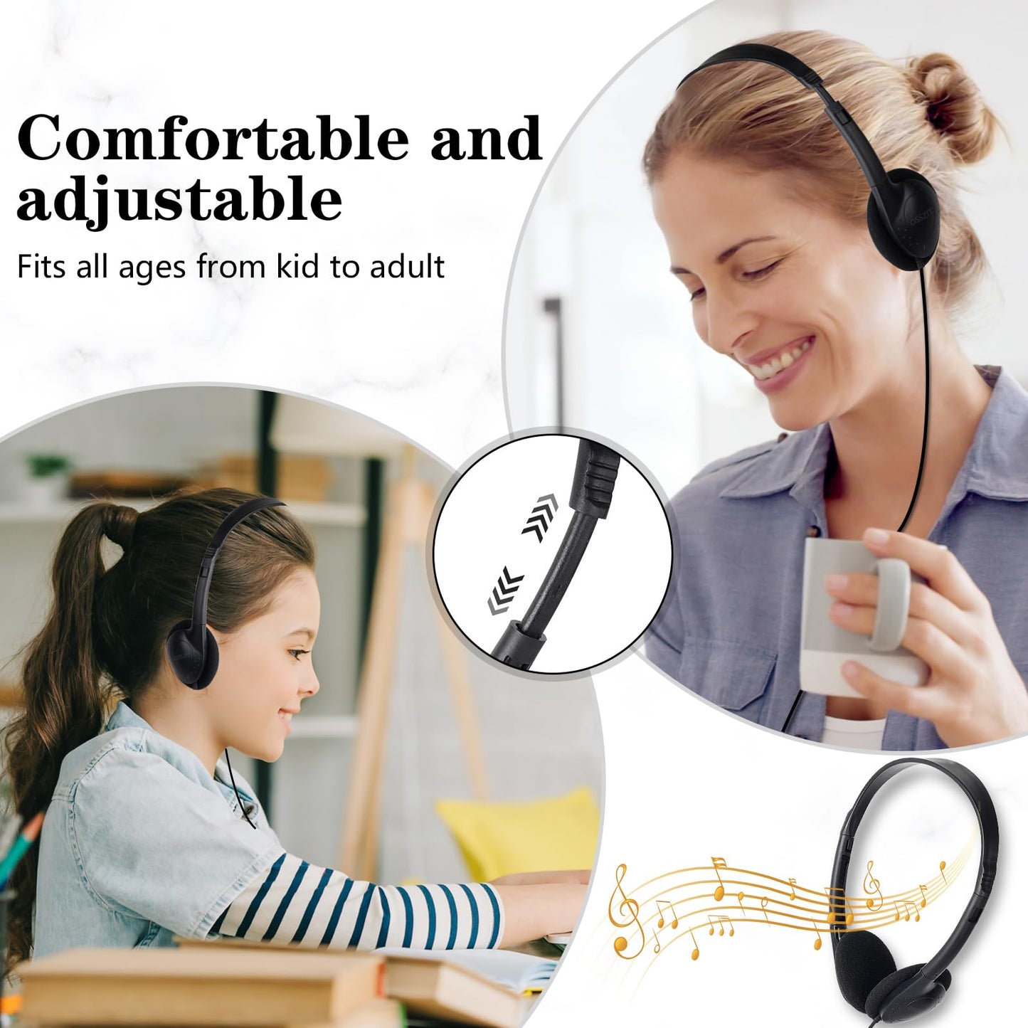 OSSZIT 30 Pack Class Set Headphones for Kids Students School Classroom Headphones Bulk Earphones Adjustable with 3.5 mm Jack for Library Children