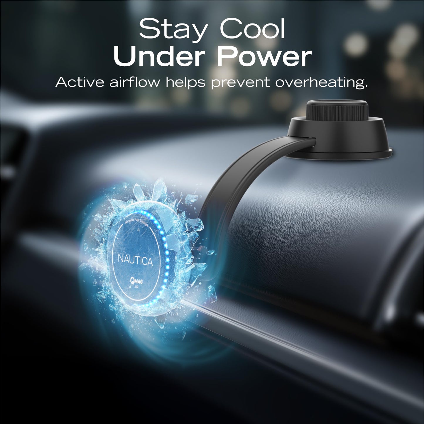 Nautica Turan QMAG Air - Wireless Magnetic Car Charger 15W with Cooling Fan and Ambient Light, Includes 4ft USB C Cable, Universal Phone Mount
