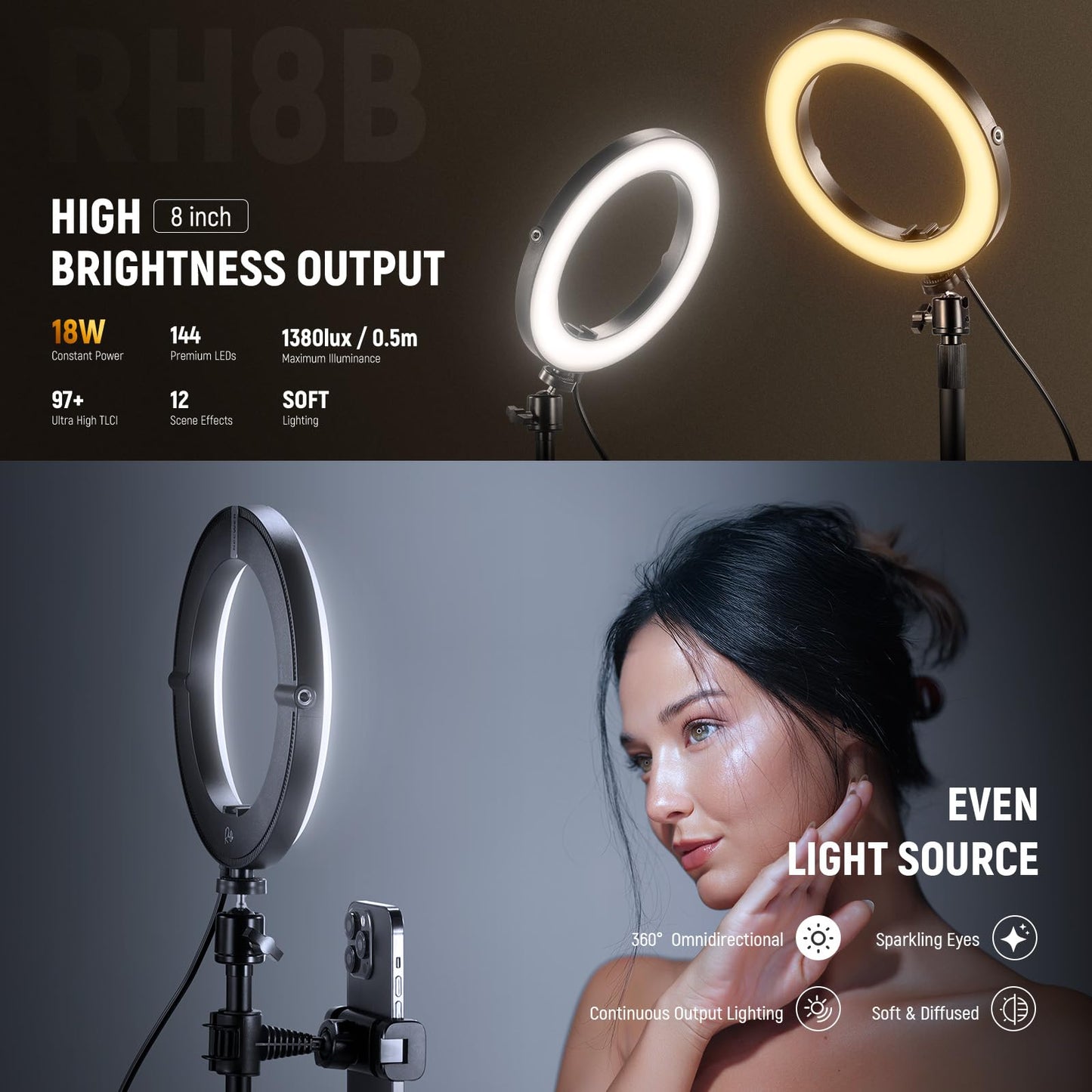 NEEWER 8" 18W High Power Desk Ring Light with Stand & Phone Holder, Circle Selfie Ringlight for iPhone Streaming Vlogging Recording, Video Conference