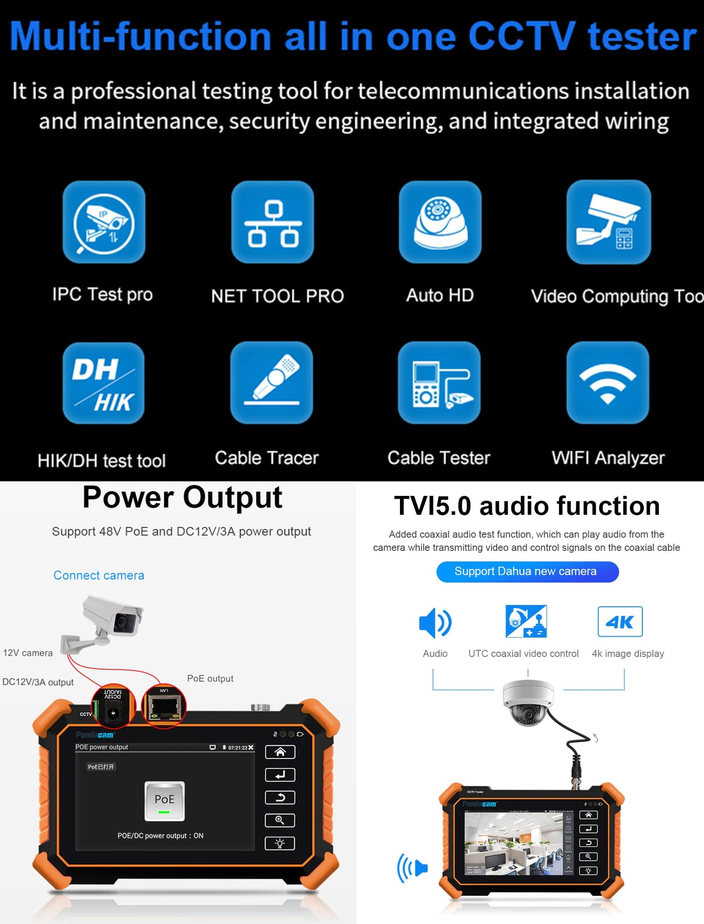 IP Camera Tester IPC-1910 Plus 4 inch Touch Screen IPC Tester 8K IP Camera Test 4K 8MP Coax AHD CVI TVI Display Video MonitorSupport H.265 POE PTZ