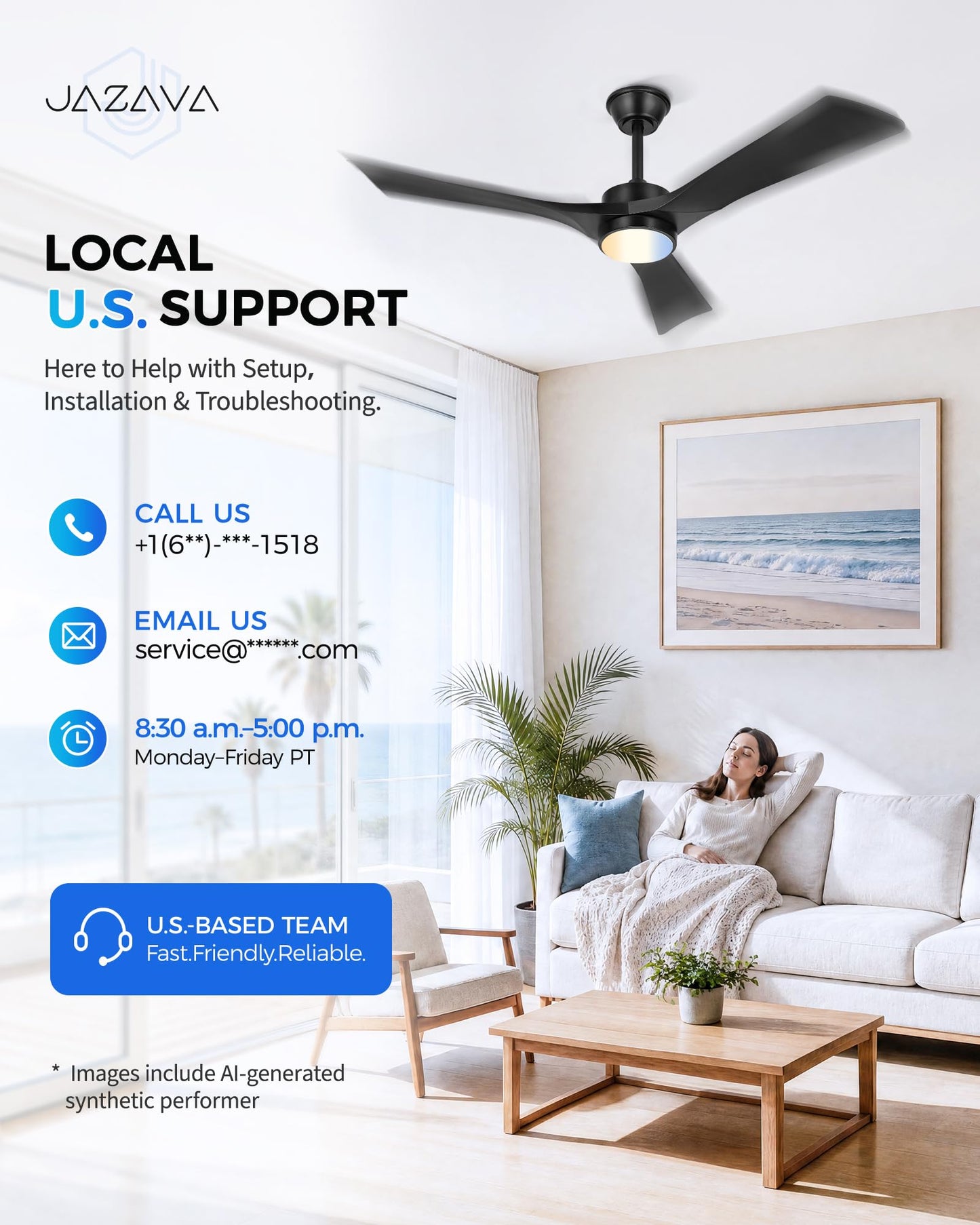 JAZAVA 52" 3-Blade Ceiling Fan with Light & Remote, Damp Rated, Black