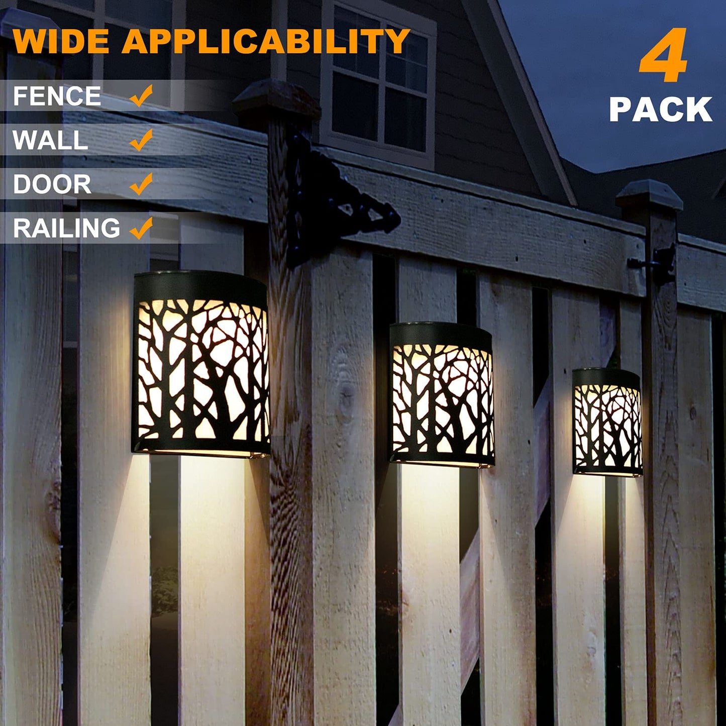 DenicMic Solar Wall Lights Outdoor Wall Sconce Fence Lighting for Patio Front Door Yard Deck Stair Led Forest Decorative Lamps, Waterproof, Warm White