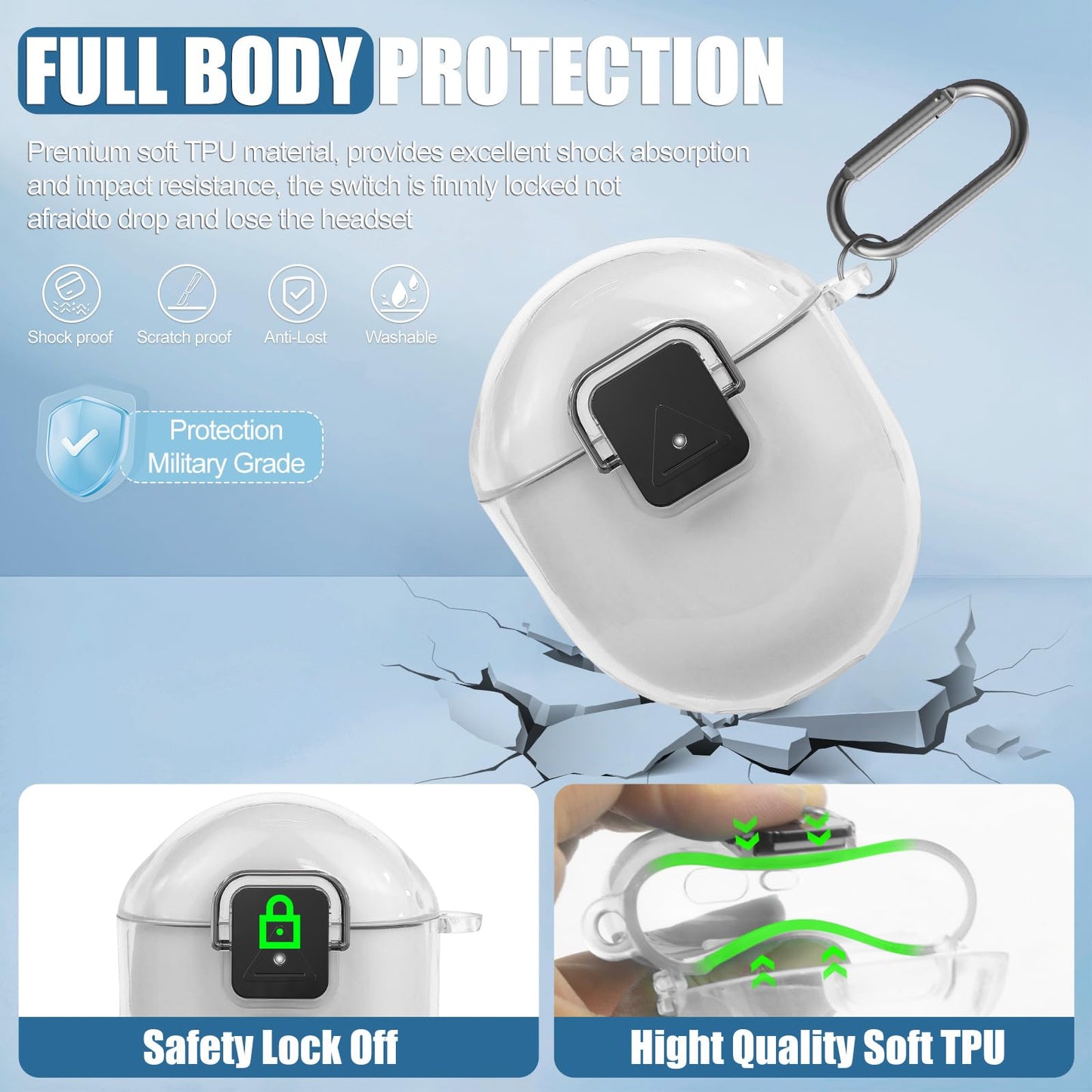 for Google Pixel Buds Pro 2 Case Cover with Lock Clip, Clear TPU Case for Google Pixel Buds Pro1/2, Shockproof Protective Case Skin wtih Keychain