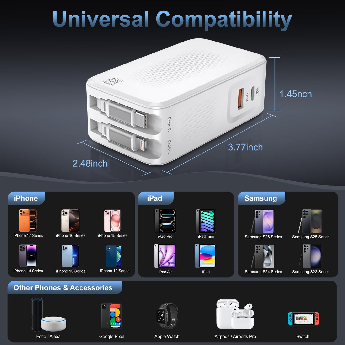 4-in-1 Retractable Charger with USB-C & Lightning Cable,45W GaN Wall Charge