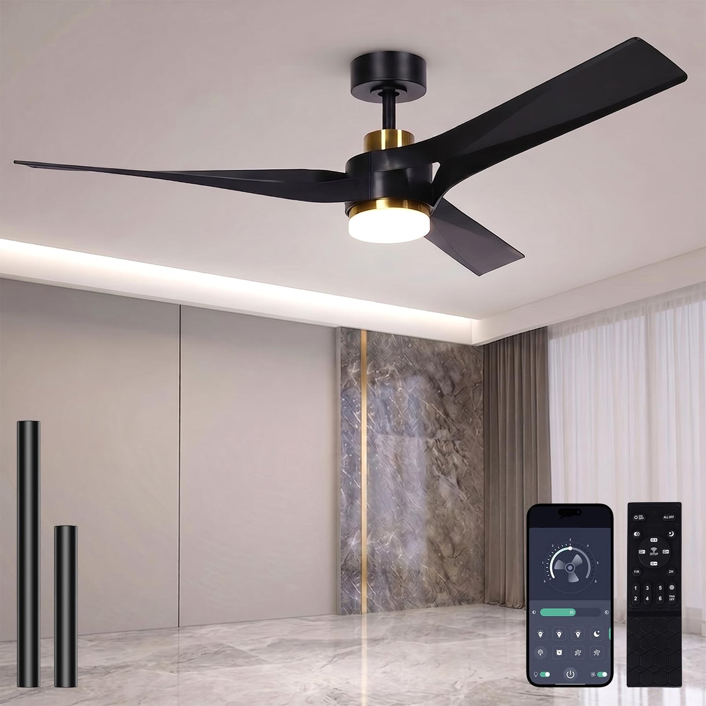 GLOVAO 56" Ceiling Fan with Lights, DC Motor, App Control, Black Gold