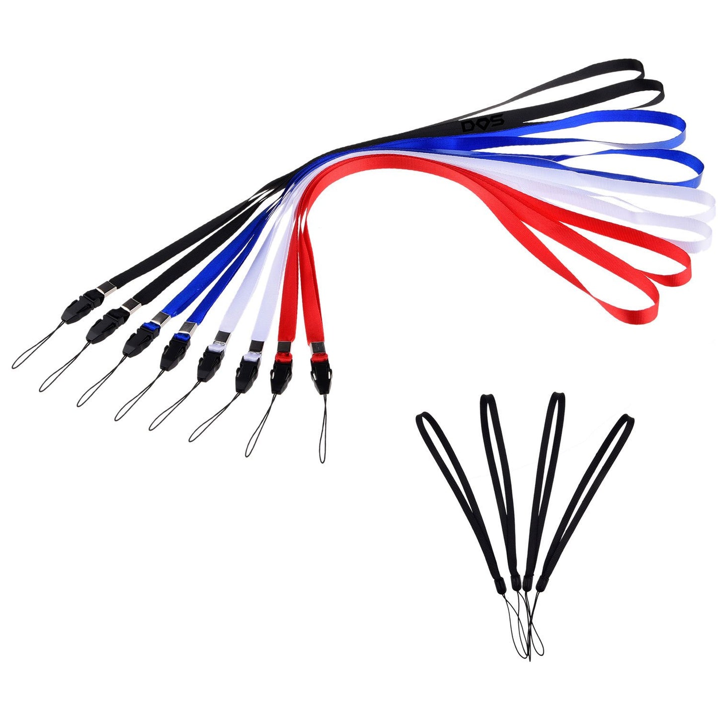 8 Neck Lanyards (Red, White, Blue, Black) and 4 Wrist Straps (Black) - for ID Cards, Cell Phones, Keys, USB Drives, Compact Cameras, Flashlights, etc