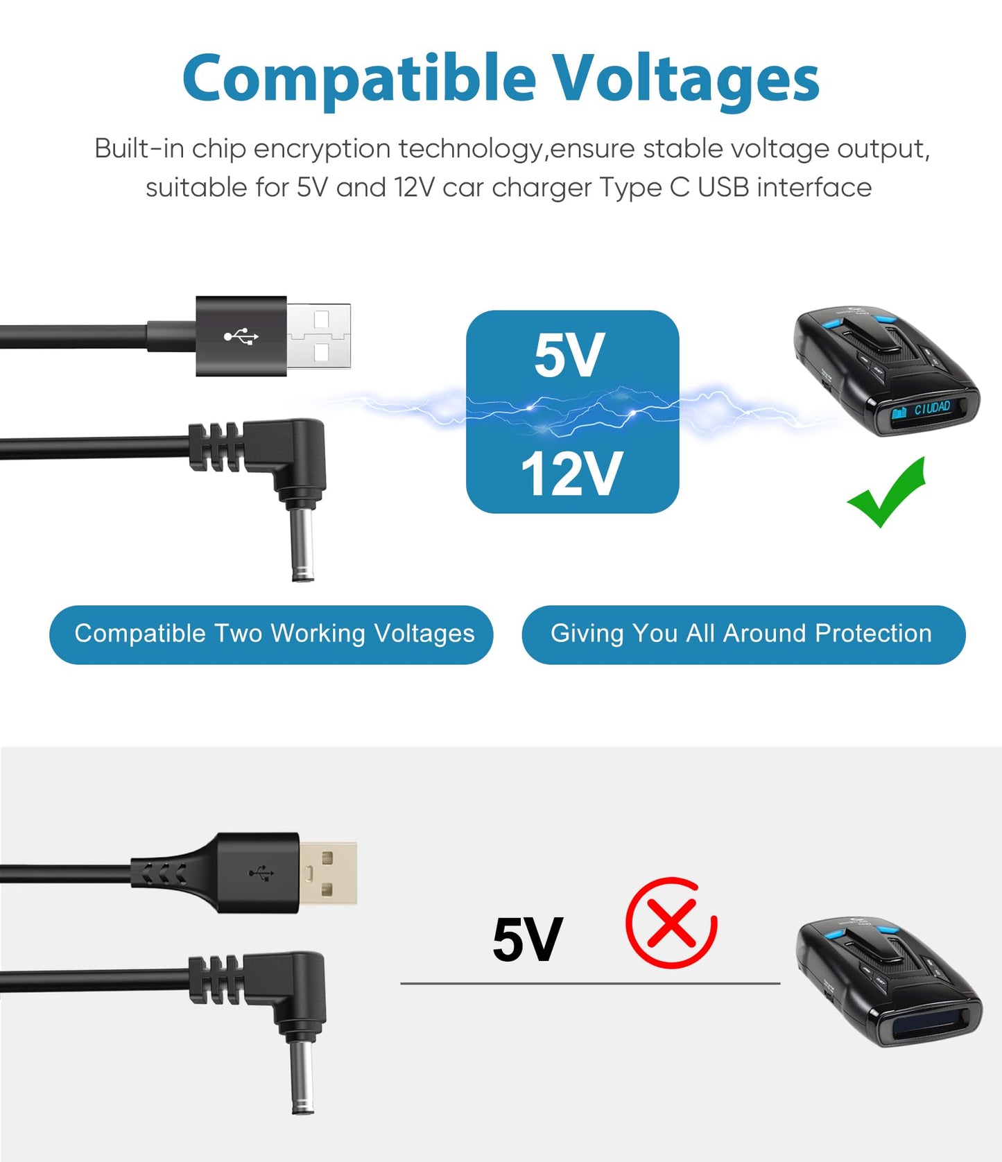 Radar Detector Cable,USB 2.0 to DC3.5 Plug Cable,Replacement Power Cable for Radar Detectors,for Cobra Whistler Escort Valentine One Uniden Beltronics