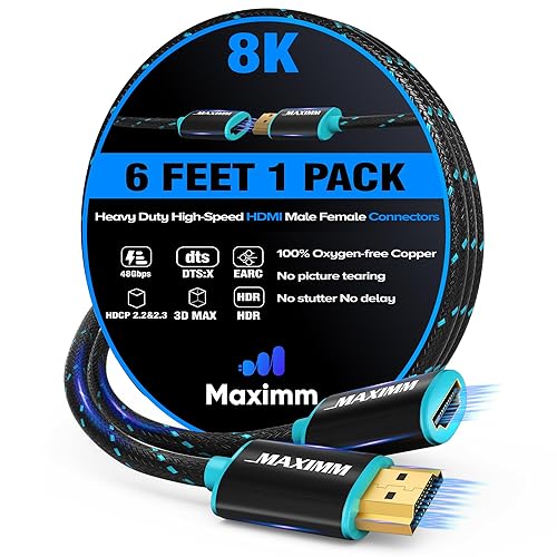 Maximm HDMI Extension Cable Male to Female (6 Feet), 8K & 10K Ultra HD, High-Speed, HDCP, ARC, 3D, 1080p to 2160p Video, 50Gbps Bandwidth