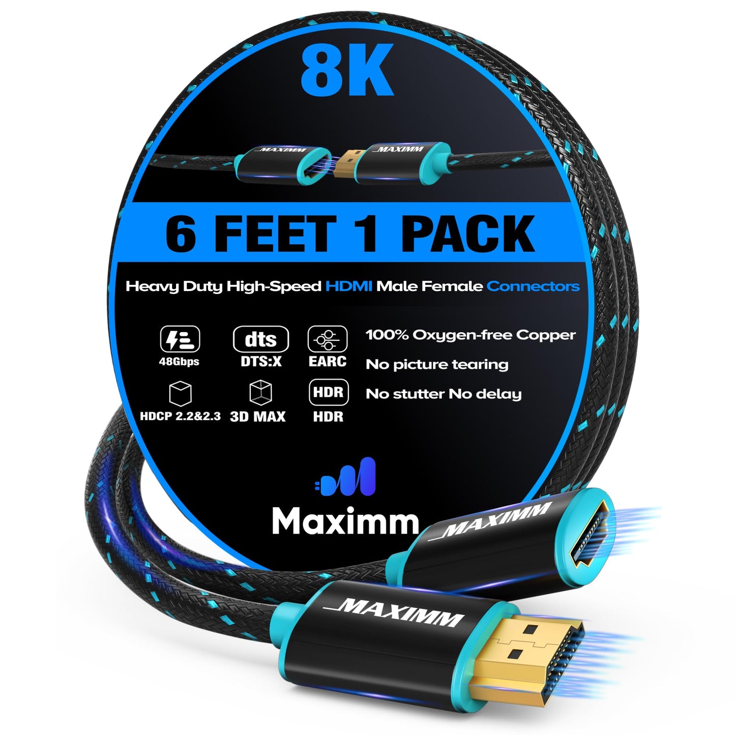 Maximm HDMI Extension Cable Male to Female (6 Feet), 8K & 10K Ultra HD, High-Speed, HDCP, ARC, 3D, 1080p to 2160p Video, 50Gbps Bandwidth