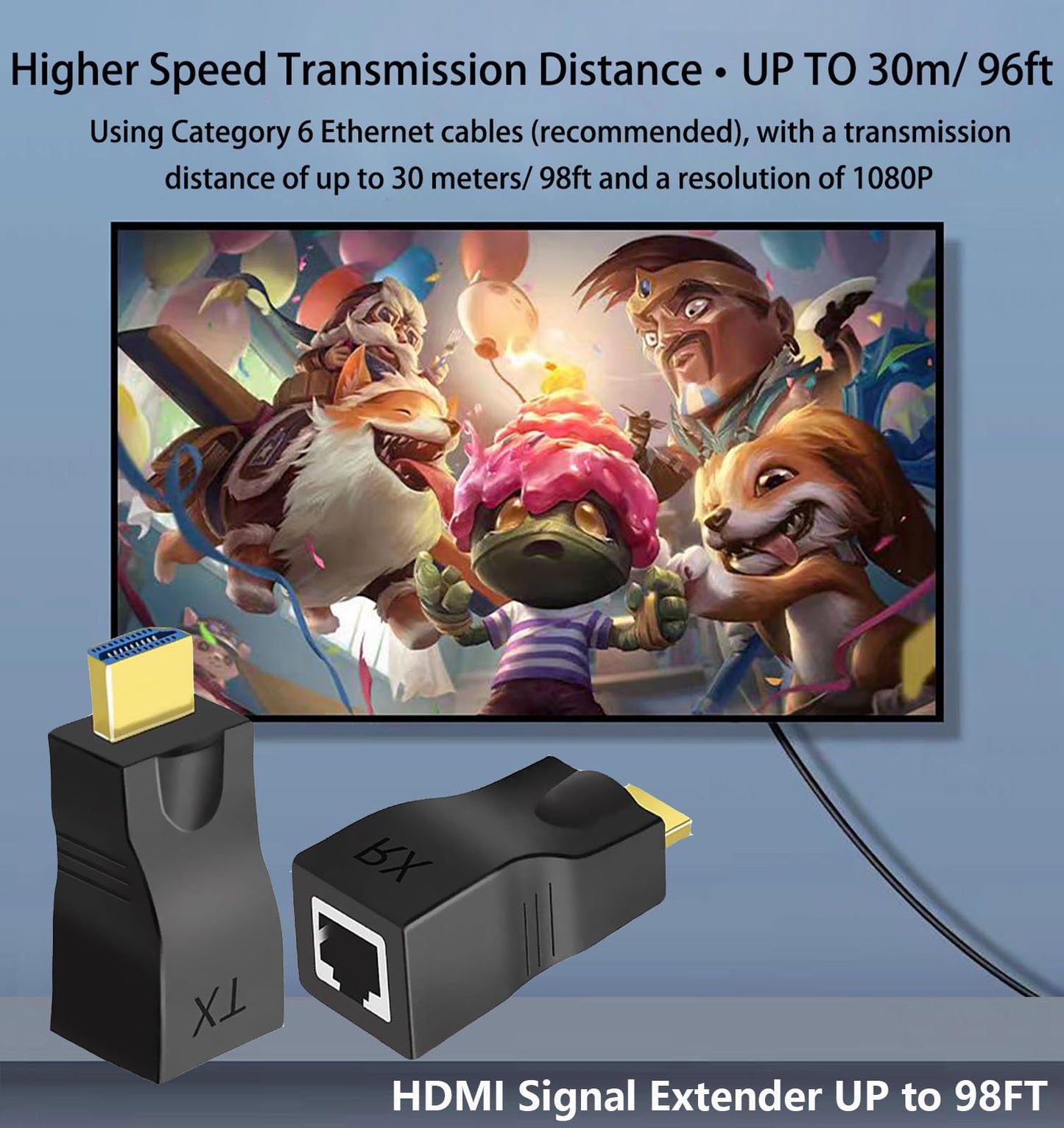 Hdmi Extender Over Ethernet Cat 5e/ 6 Cable, HDMI to RJ45 Ethernet Network Converter, Support Audio Video 1080P UP to 98FT(30m), Suitable for HDTV