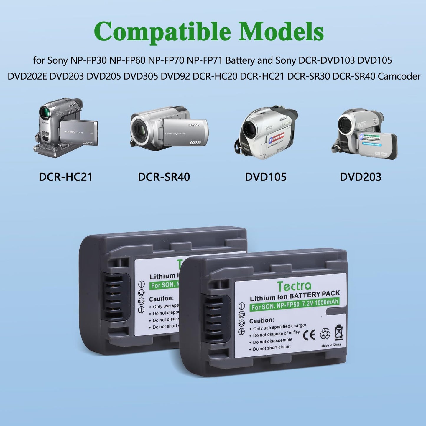 Tectra 2-Pack NP-FP50 Battery + LCD Dual Charger for Sony NP-FP30 NP-FP60 NP-FP70 DCR-DVD103 DCR-DVD105 DCR-DVD203 DCR-DVD205 DCR-DVD305 DCR-DVD92