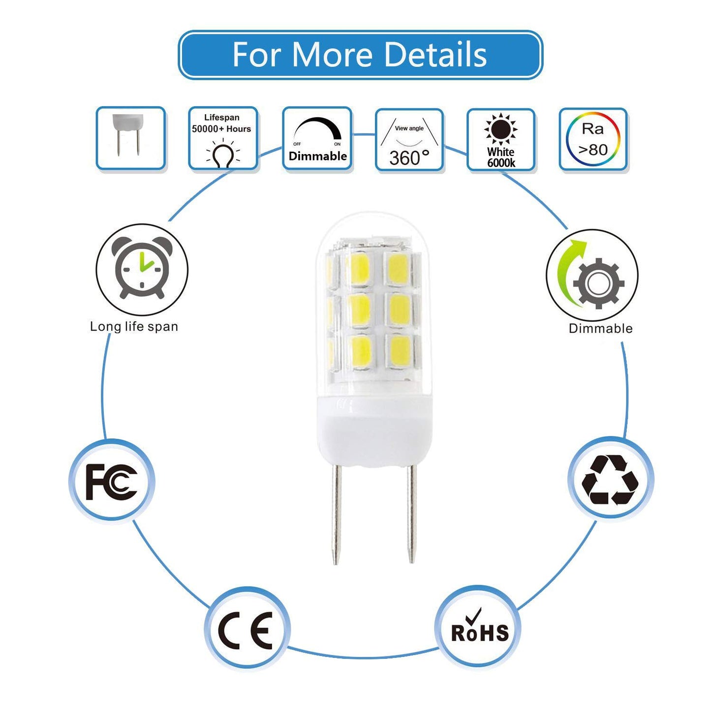 G8 Led Bulbs,35W Halogen Replacement Bulb, Dimmable 120V 3.5W Led, G8 Bi-Pin Bulb Led, White 6000K,for Light Fitting, Under Counter Kitchen Lighting