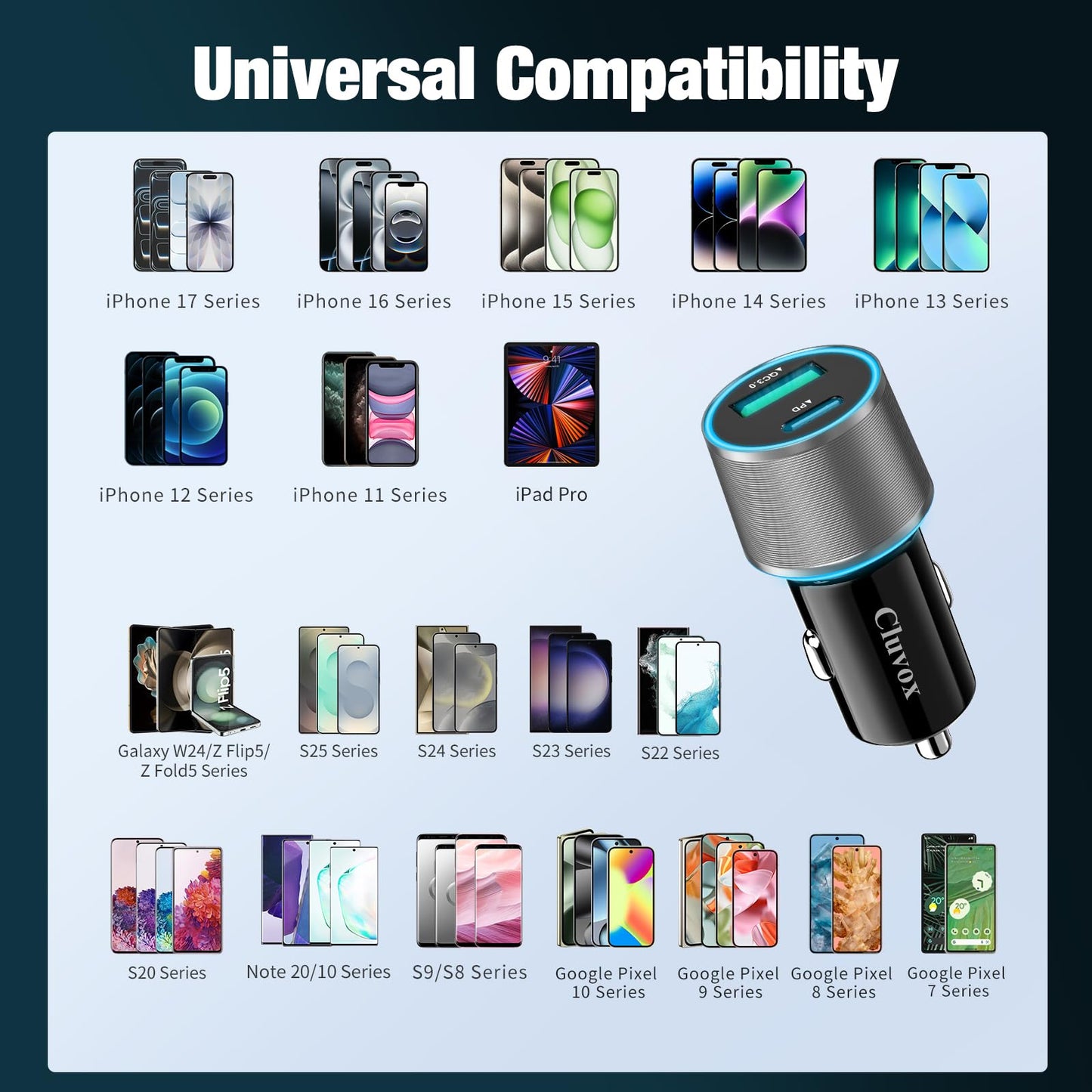 38W USB C Car Charger Adapter, 20W Fast USB-C & 18W Rapid QC3.0 Ports, 12V Cigarette Lighter Adapter for iPhone 17/16 /15, Google Pixel, Samsung