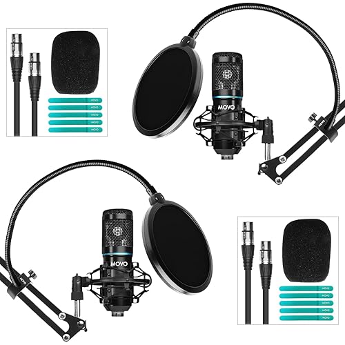Movo PodPak2A 2-Pack Universal Cardioid Condenser Microphone Kit with Articulating Scissor Arm Mic Stand, Shock Mount, and Gooseneck Pop Filter