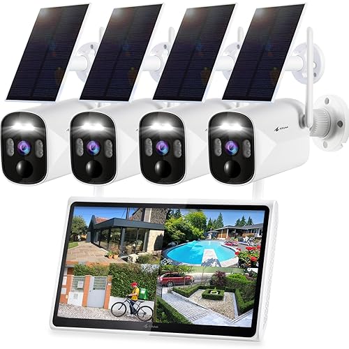 Kittyhok Solar Security Camera Outdoor System with Monitor | 4pcs Wireless Solar Powered Security Camera, Human Detection, Spotlight, for Home