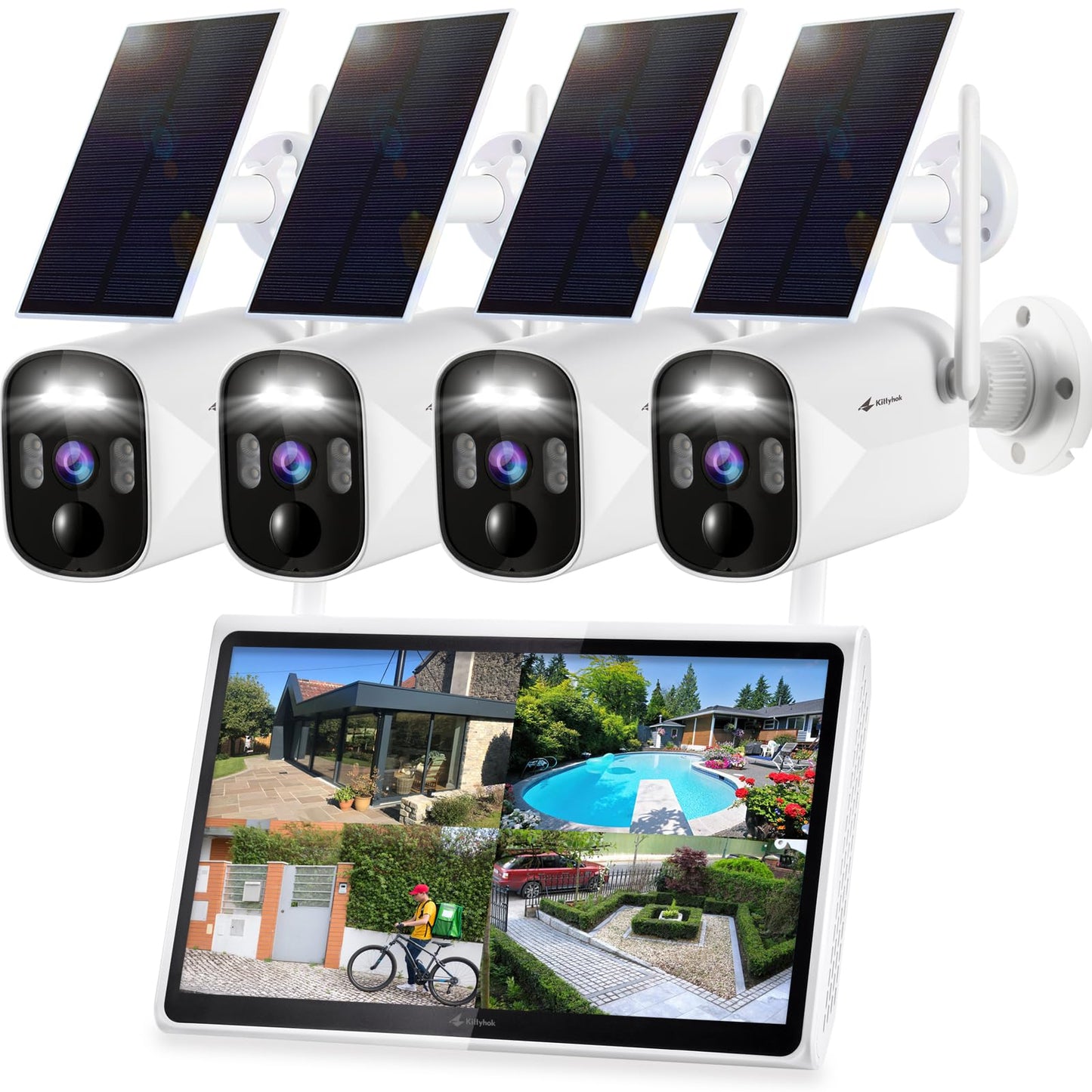 Kittyhok Solar Security Camera Outdoor System with Monitor | 4pcs Wireless Solar Powered Security Camera, Human Detection, Spotlight, for Home