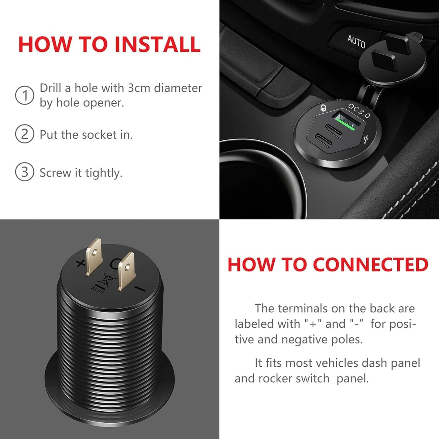 USB C Car Charger Socket, Marine Grade 12V Outlet with Dual 18W PD Ports & QC 3.0 Fast Charging, IP66 Waterproof Aluminum Flush Mount for Car, Boat