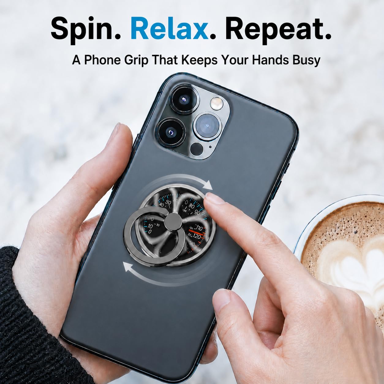 Phone Ring Holder Stand,Non-Magnetic Adhesive 360° Rotating Cell Phone Grip with Fidget Spinner, Anti-Drop Finger Ring Kickstand for iPhone Samsung