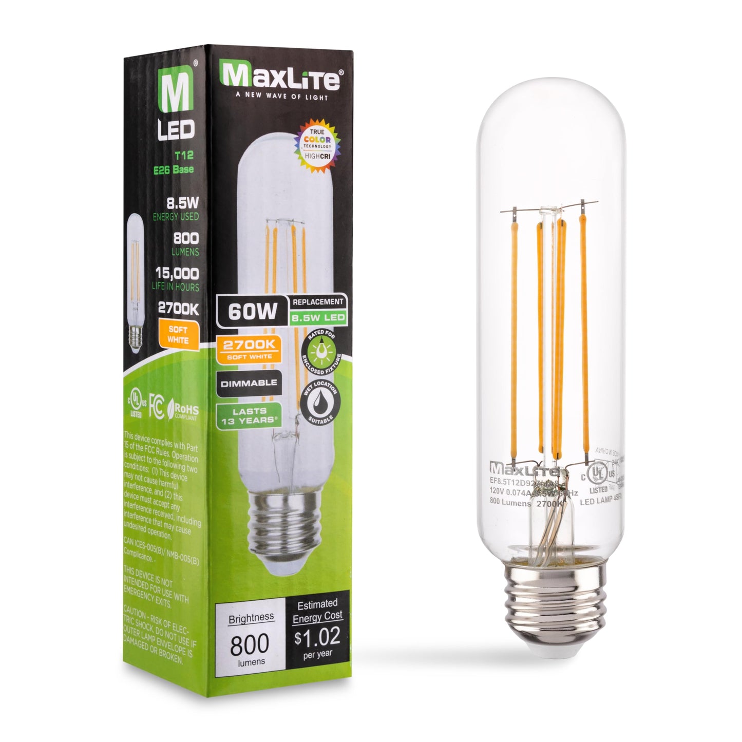 Maxlite EF8.5T12D927/JA8 Enclosed LED Filament Lamp, Clear Edison Style T12 Bulb, 8.5W, 800lm, 2700K, E26 Base, Dimmable, 120V, Lamps for Living Room
