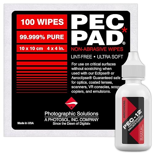PEC-12 Photographic Emulsion Cleaner Kit and PEC-PAD Lint Free Non-Abrasive Wipes 4"x4" 100 Sheets per/Pkg - for Cleaning Film, Photo Negative, B&W