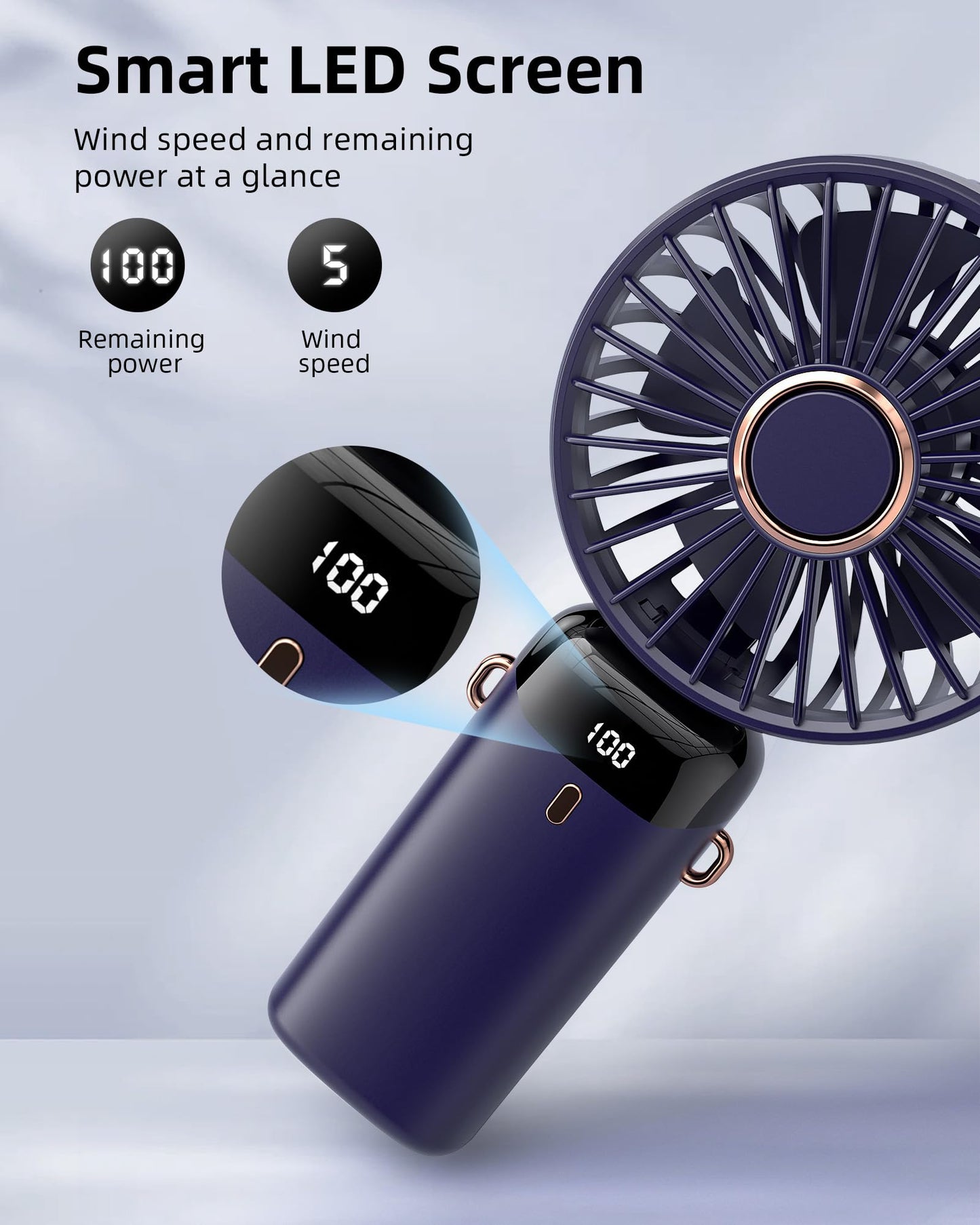 Koonie Handheld Fan, 5 Speeds, 8H Battery, 90° Tilt, Rechargeable, Blue