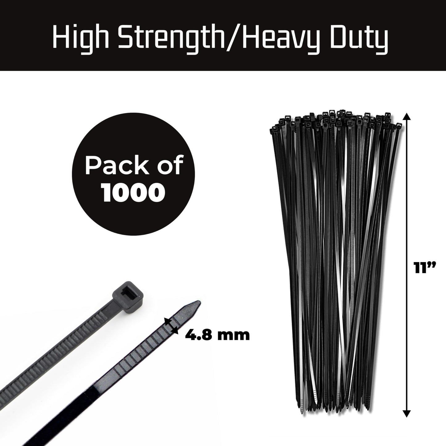 Bolt Dropper 11" Black Cable Ties, 1000 Pack, 50 lbs Tensile Strength - Heavy Duty Zip Ties, Self-Locking Premium Nylon Tie Wraps for Indoor